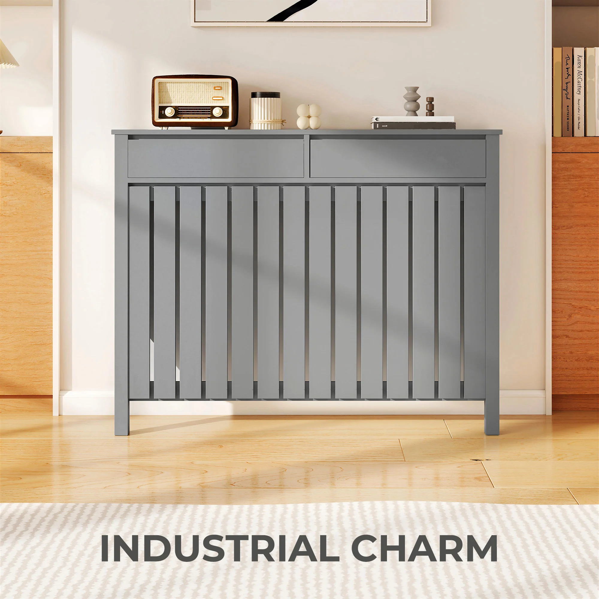 HOMCOM Radiator Cover With Drawer And Vertical Slats Grey - Image 13
