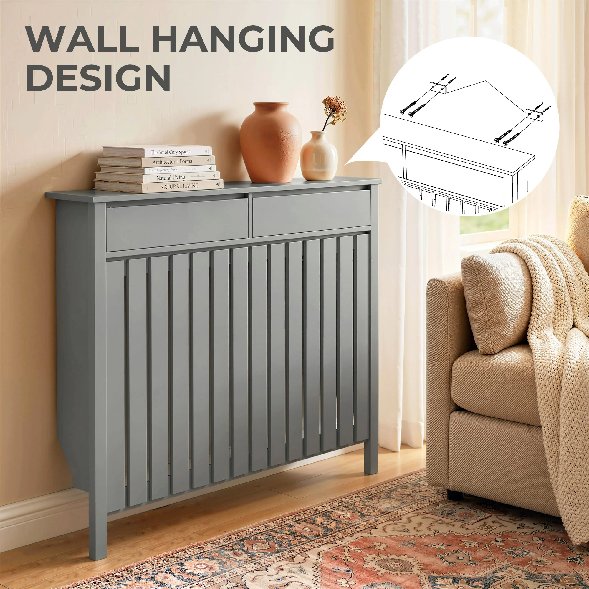 HOMCOM Radiator Cover With Drawer And Vertical Slats Grey - Image 15