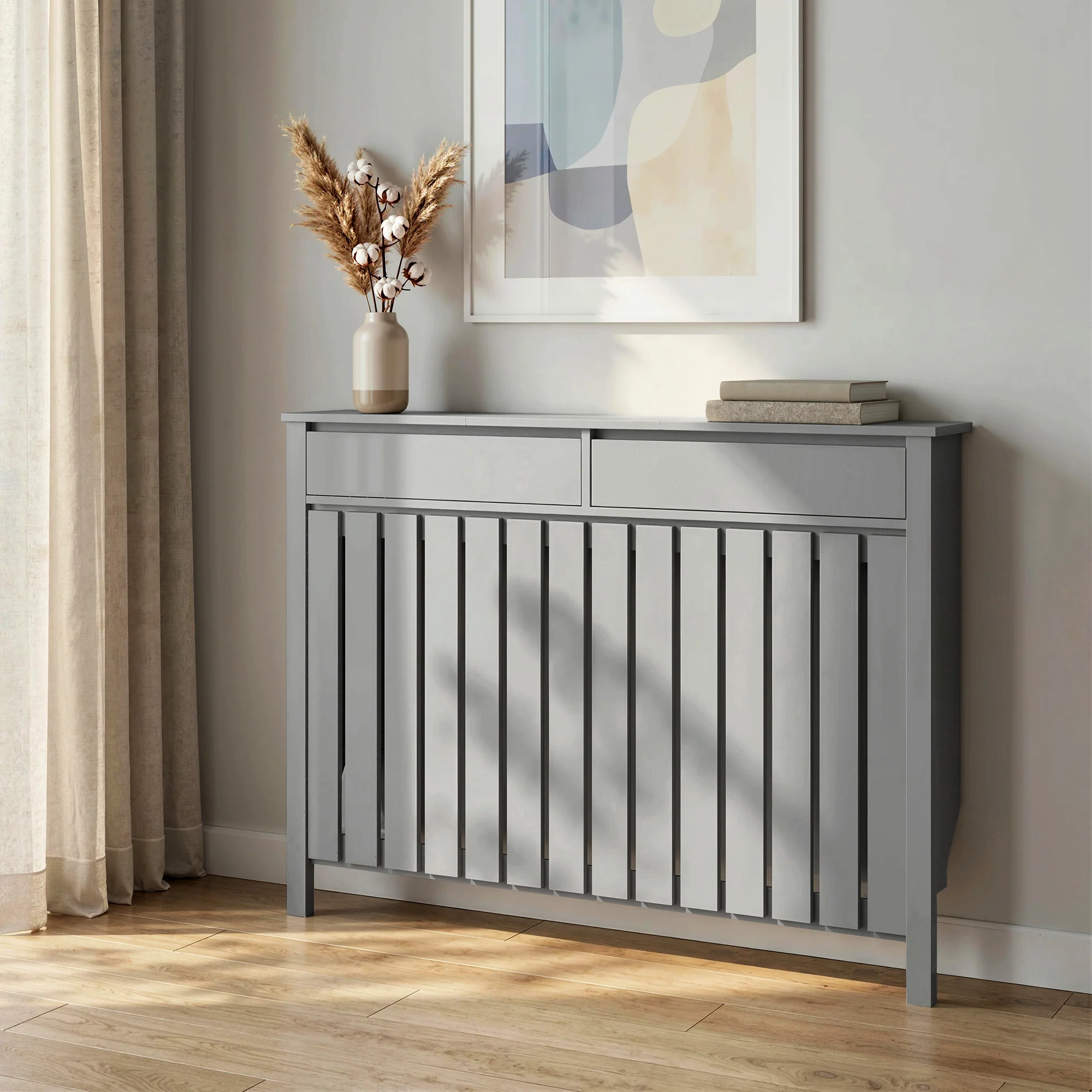 HOMCOM Radiator Cover With Drawer And Vertical Slats Grey - Image 17
