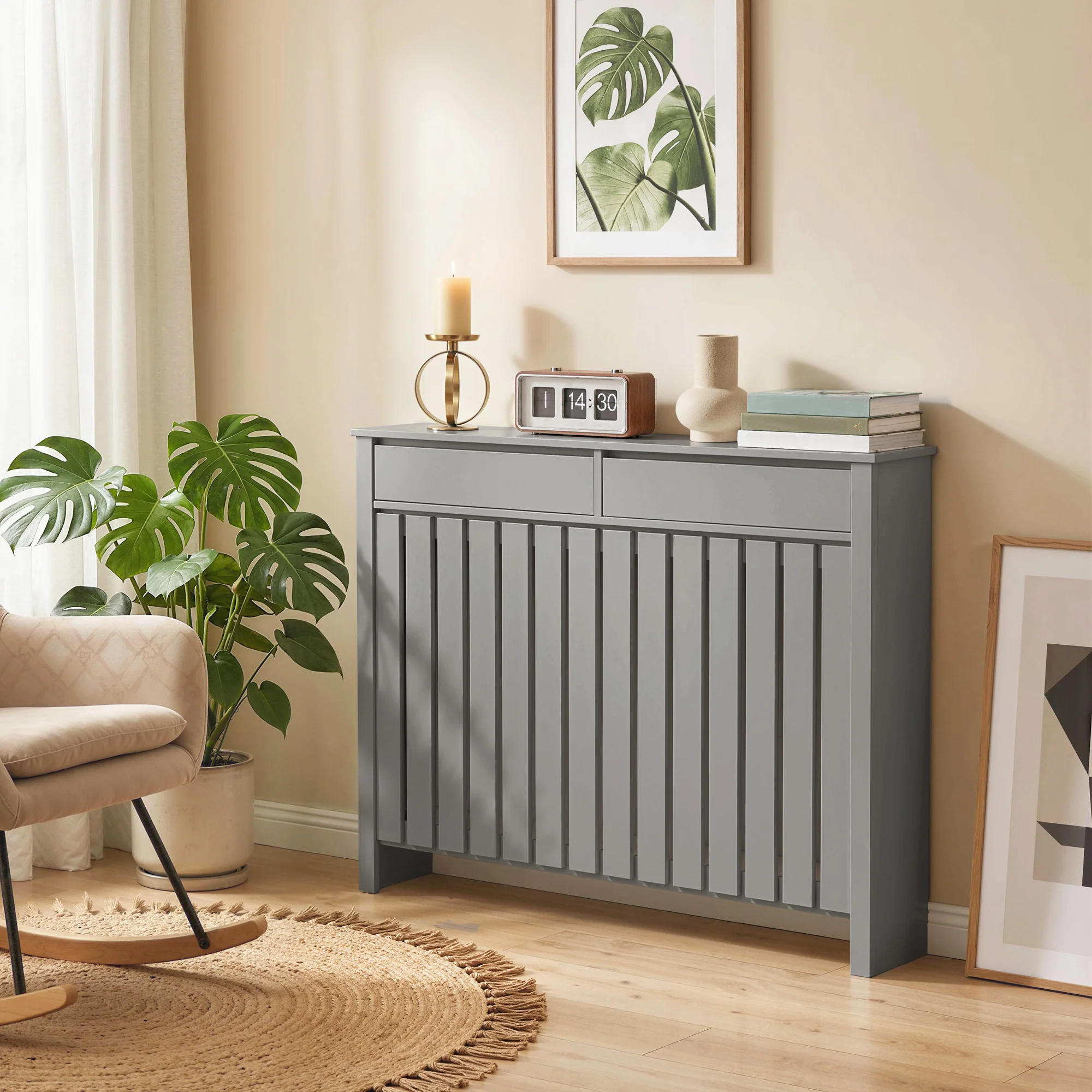 HOMCOM Radiator Cover With Drawer And Vertical Slats Grey - Image 18