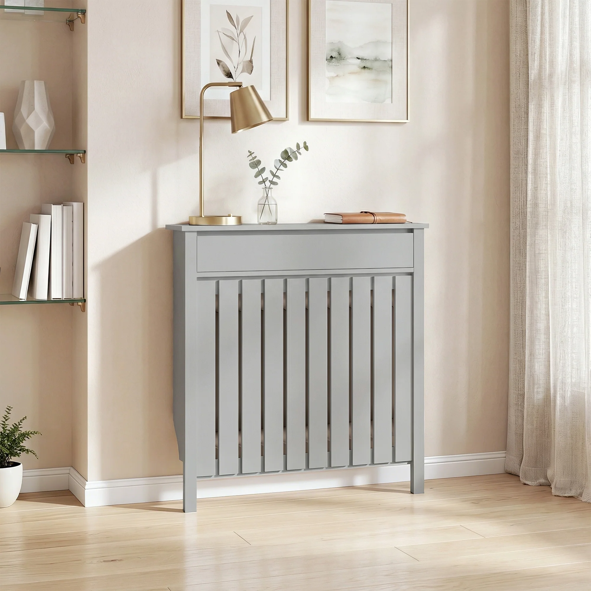 HOMCOM Radiator Cover With Drawer And Vertical Slats Grey - Image 2