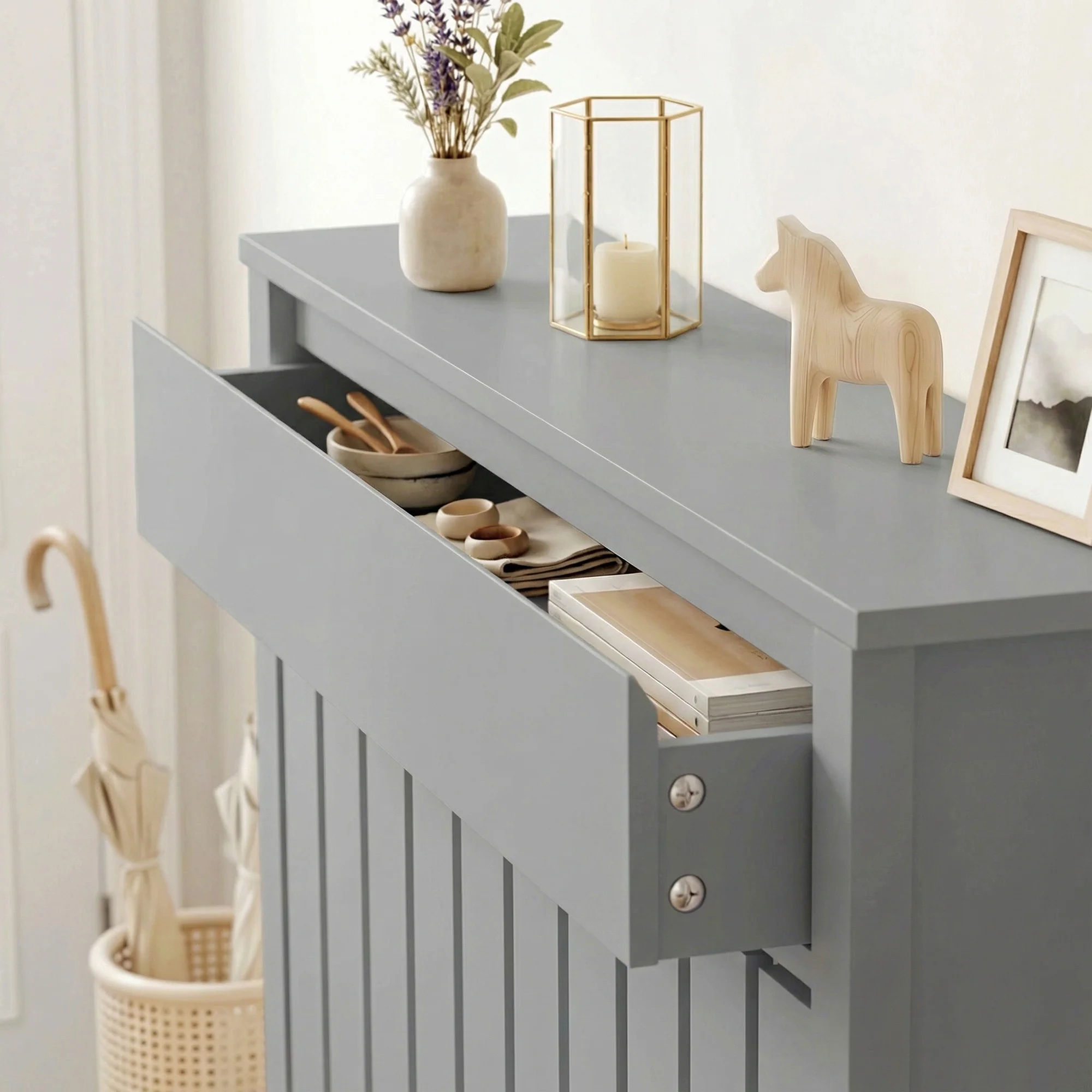 HOMCOM Radiator Cover With Drawer And Vertical Slats Grey - Image 8