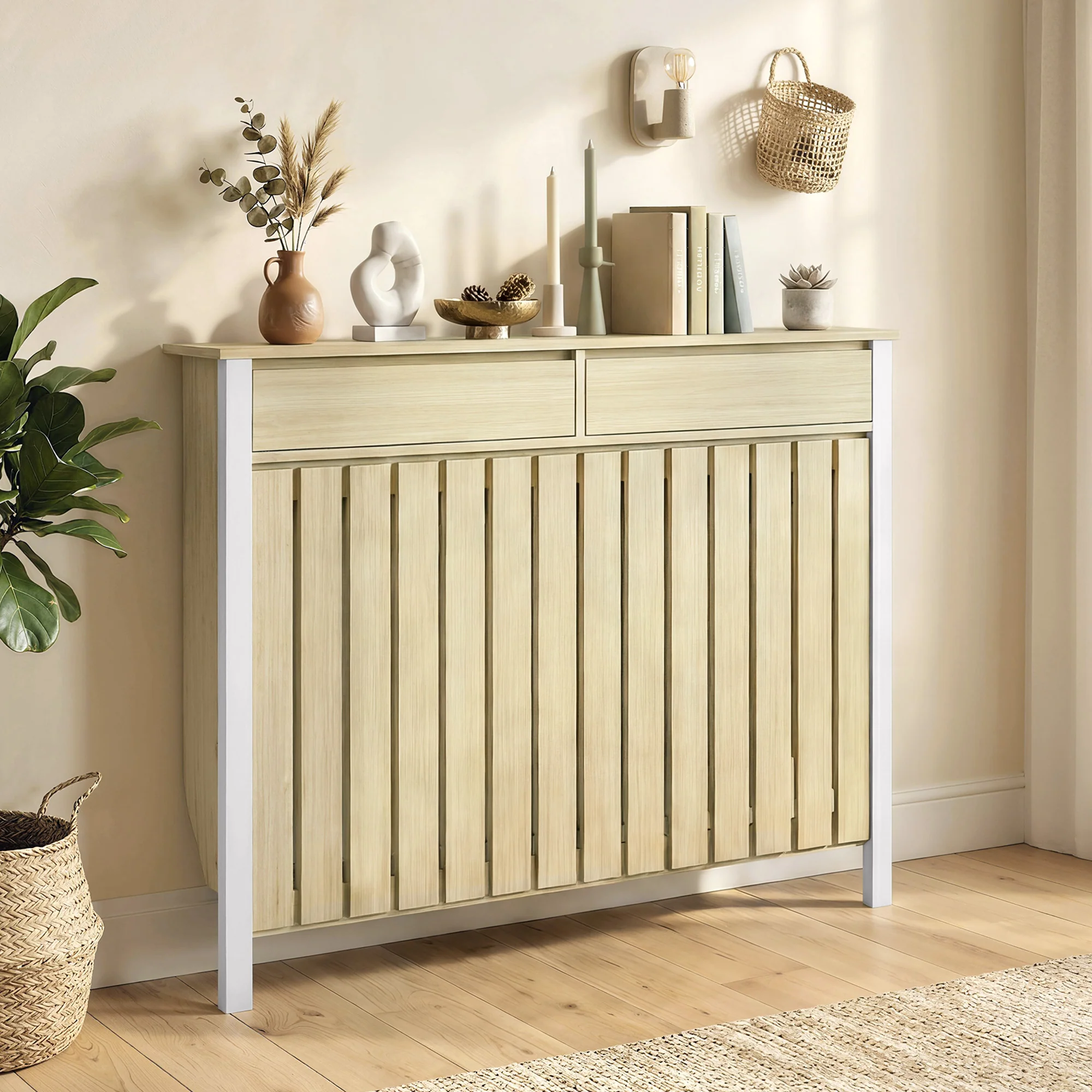 HOMCOM Radiator Cover with Drawer and Vertical Slats Oak - Image 11