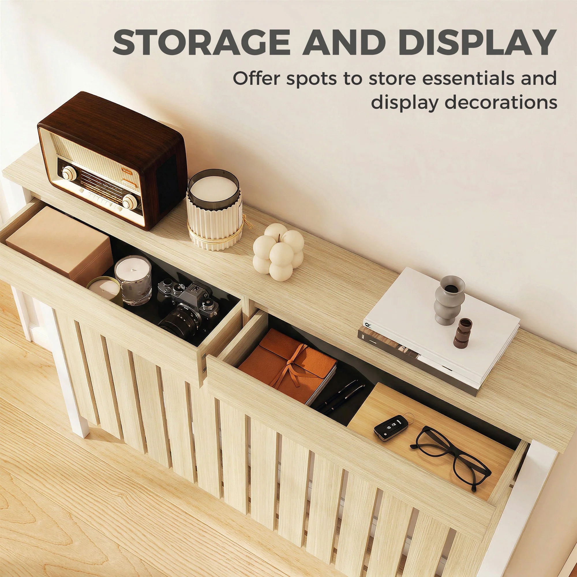 HOMCOM Radiator Cover with Drawer and Vertical Slats Oak - Image 12