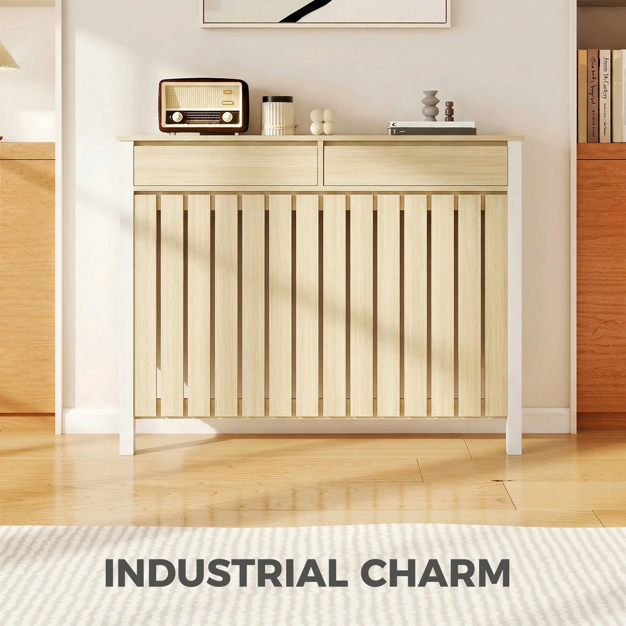 HOMCOM Radiator Cover with Drawer and Vertical Slats Oak - Image 13