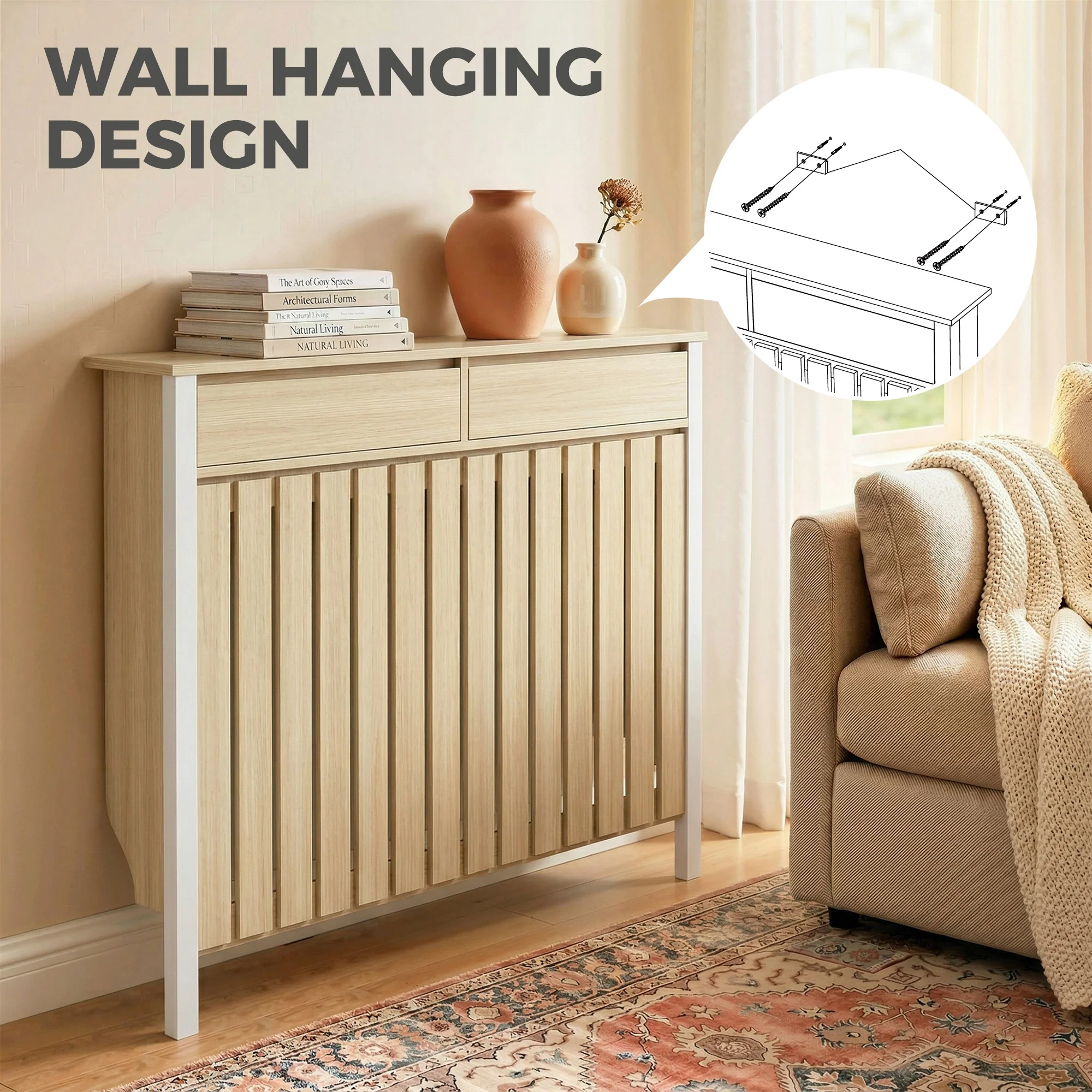 HOMCOM Radiator Cover with Drawer and Vertical Slats Oak - Image 15