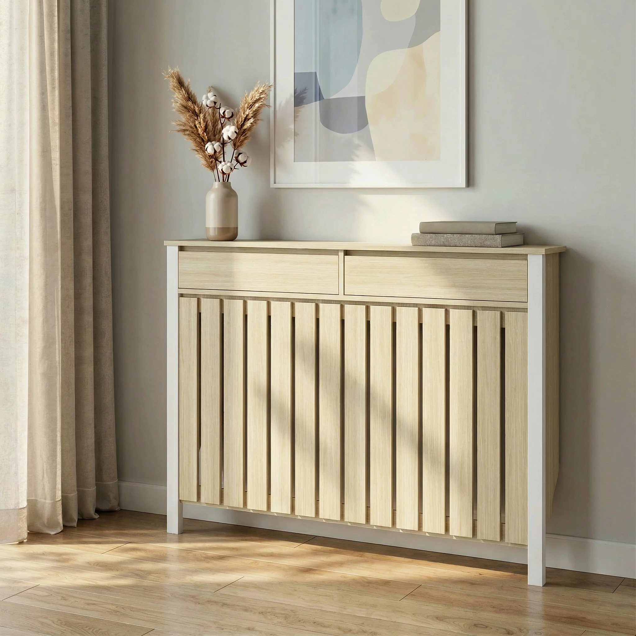 HOMCOM Radiator Cover with Drawer and Vertical Slats Oak - Image 17