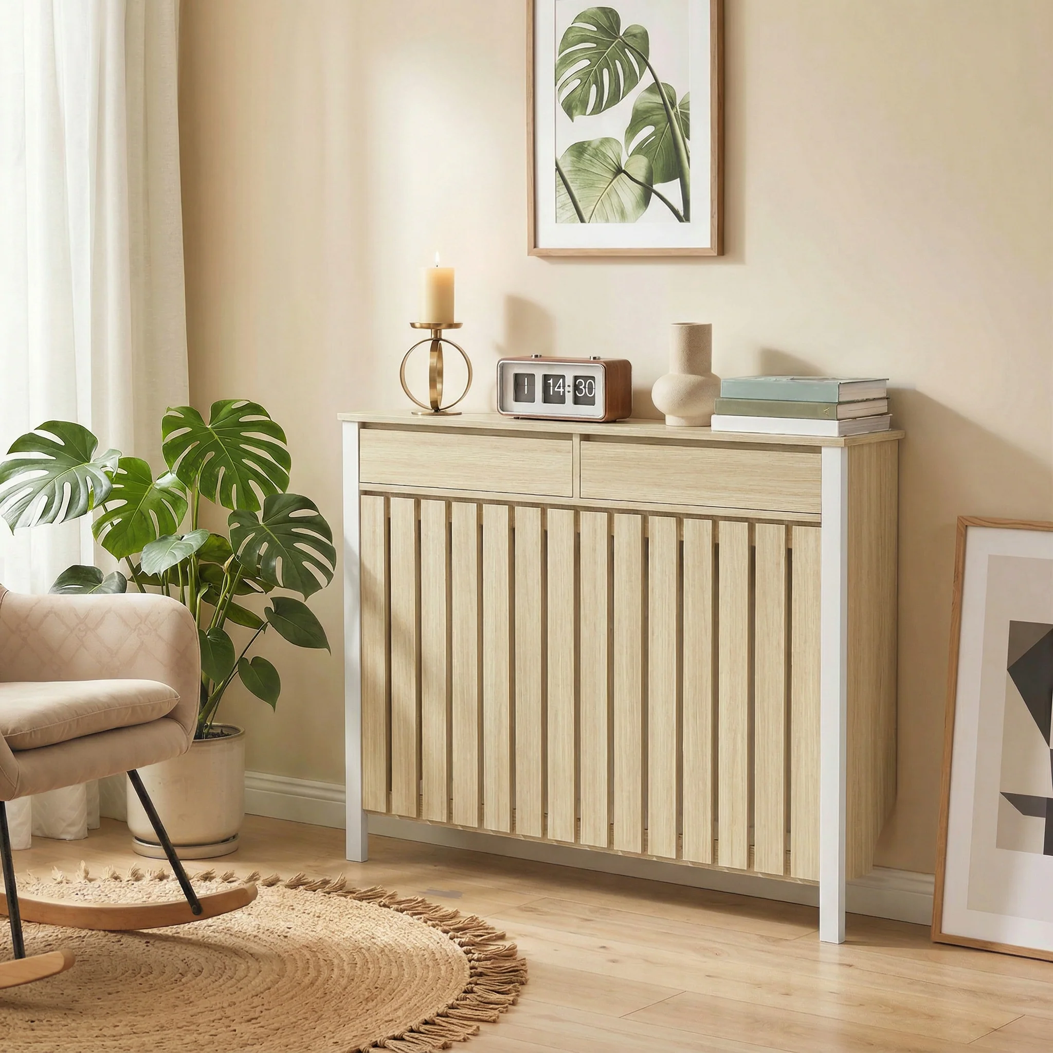 HOMCOM Radiator Cover with Drawer and Vertical Slats Oak - Image 18