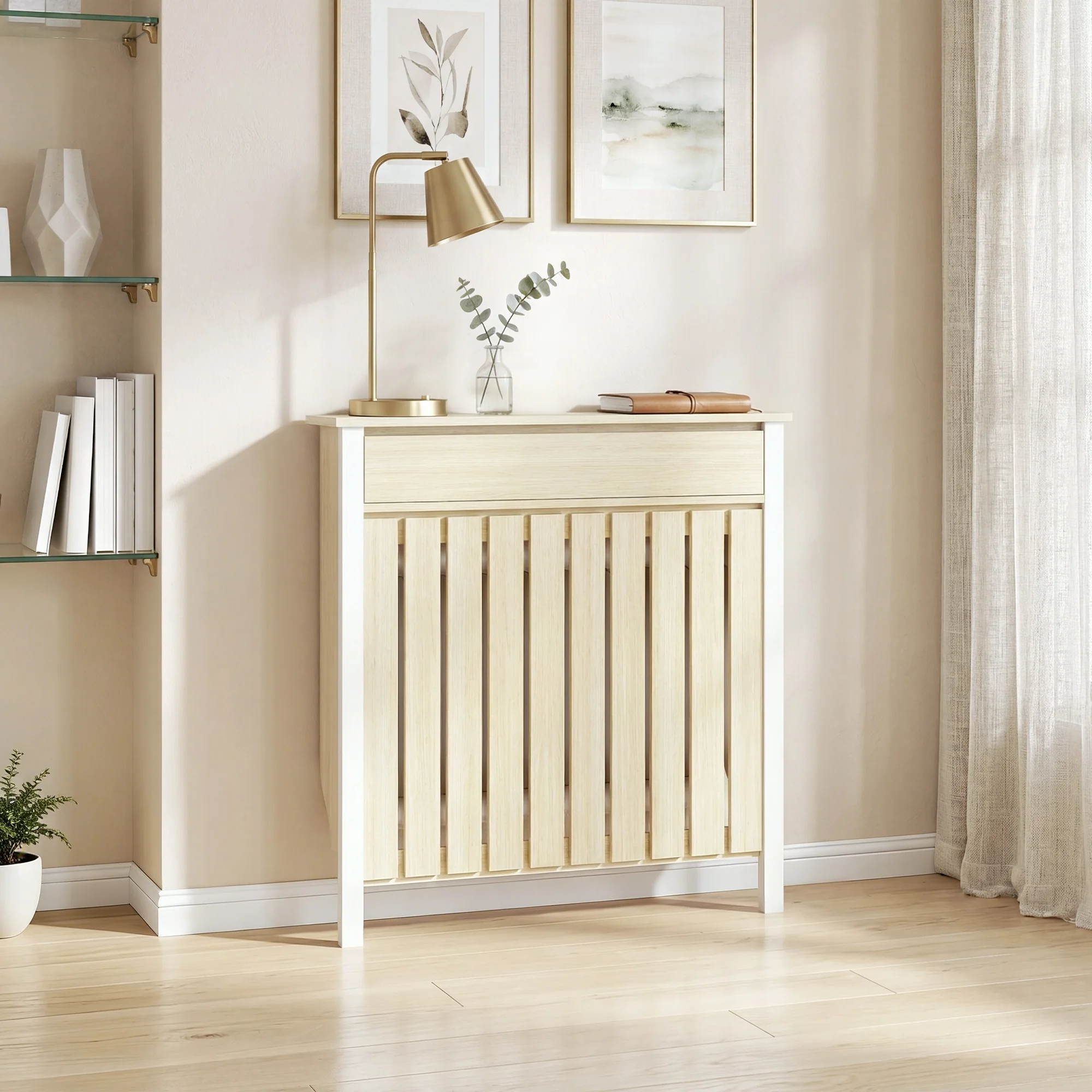 HOMCOM Radiator Cover with Drawer and Vertical Slats Oak - Image 2
