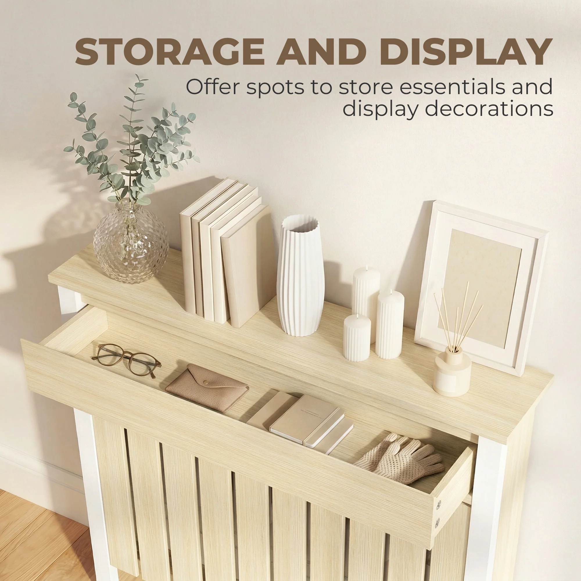 HOMCOM Radiator Cover with Drawer and Vertical Slats Oak - Image 3