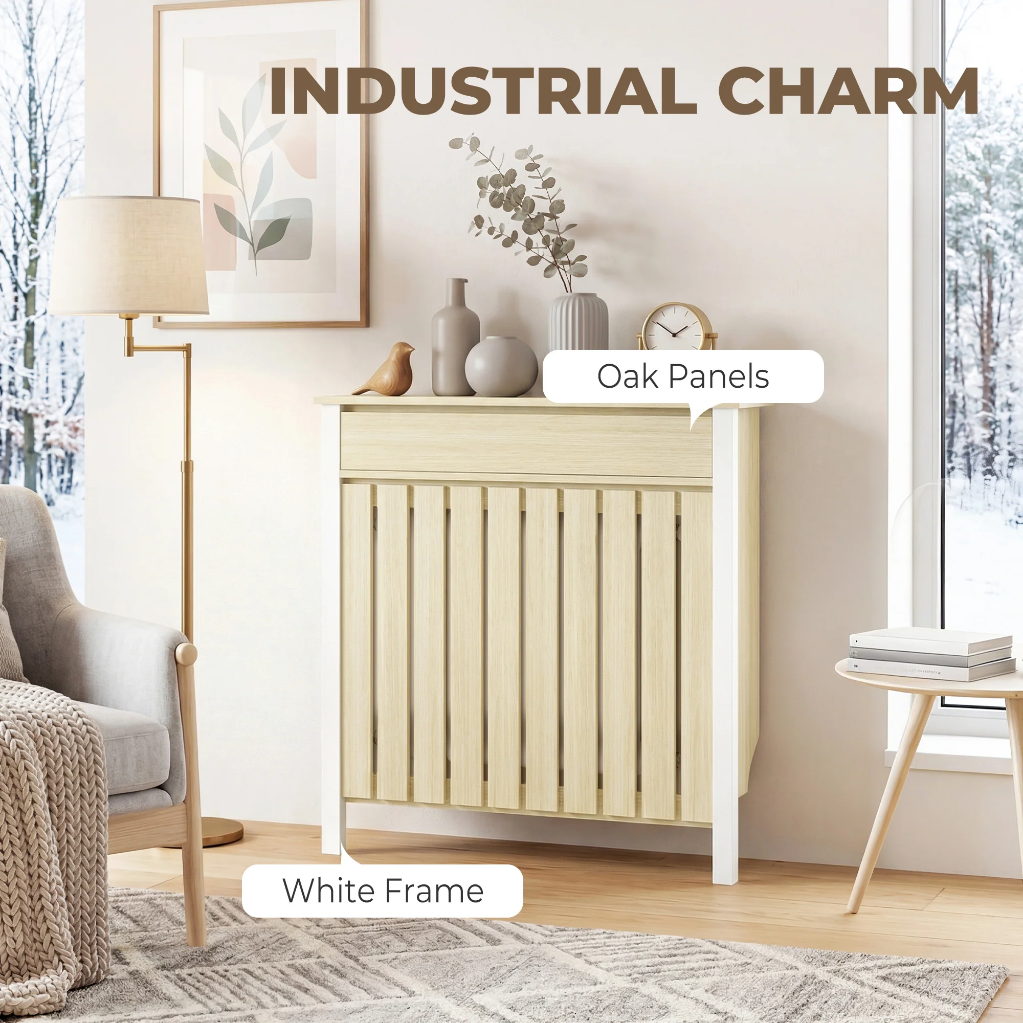 HOMCOM Radiator Cover with Drawer and Vertical Slats Oak - Image 4