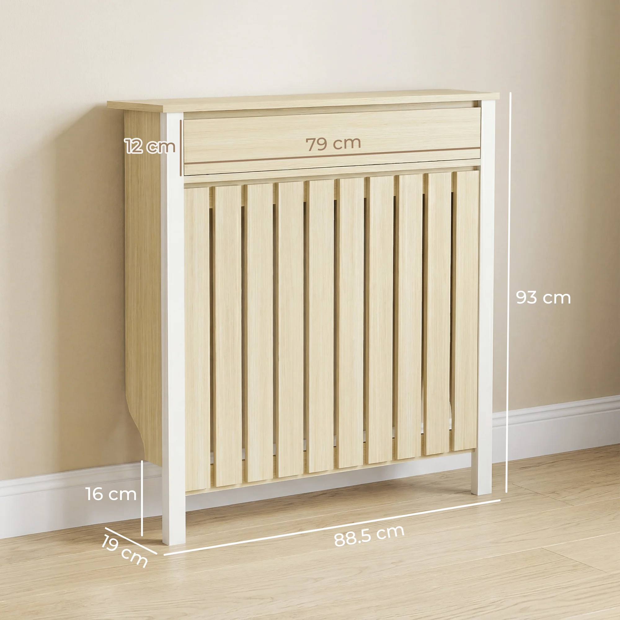 HOMCOM Radiator Cover with Drawer and Vertical Slats Oak - Image 5