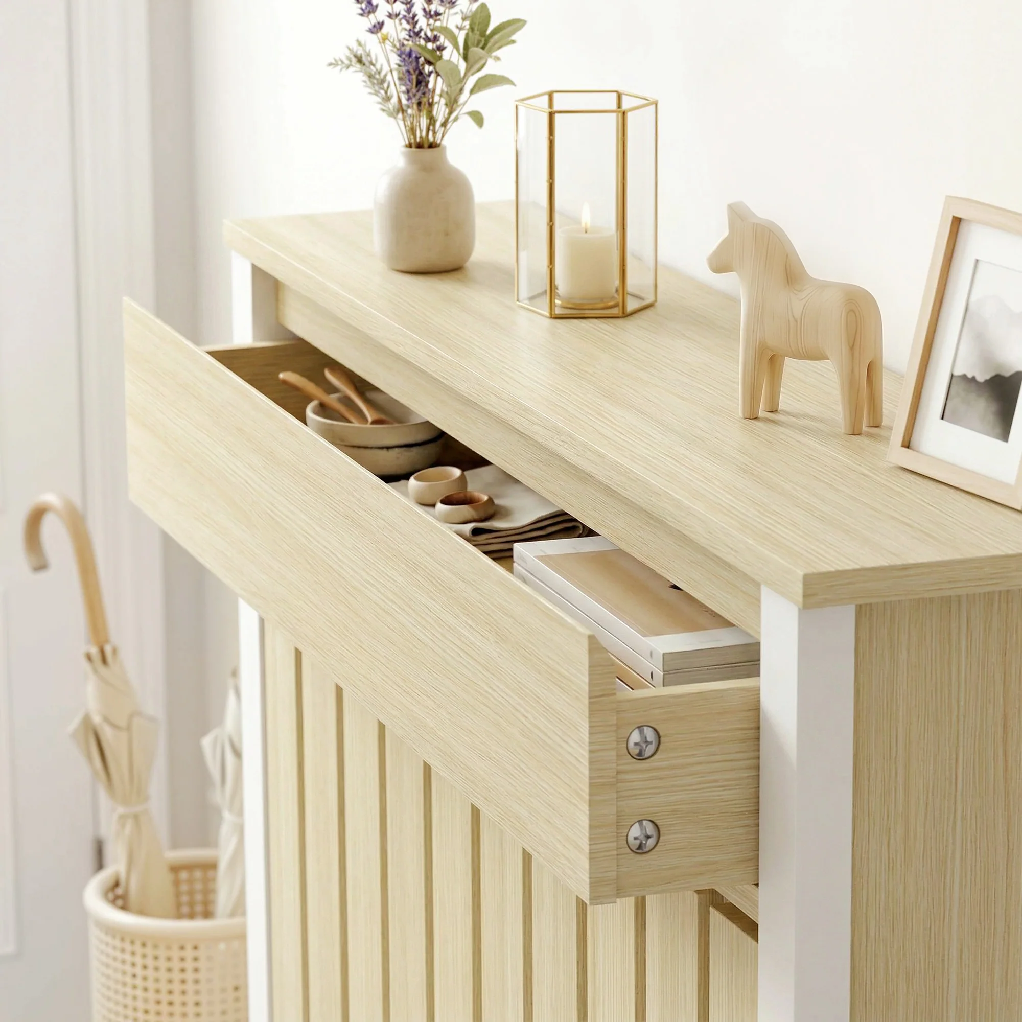 HOMCOM Radiator Cover with Drawer and Vertical Slats Oak - Image 8