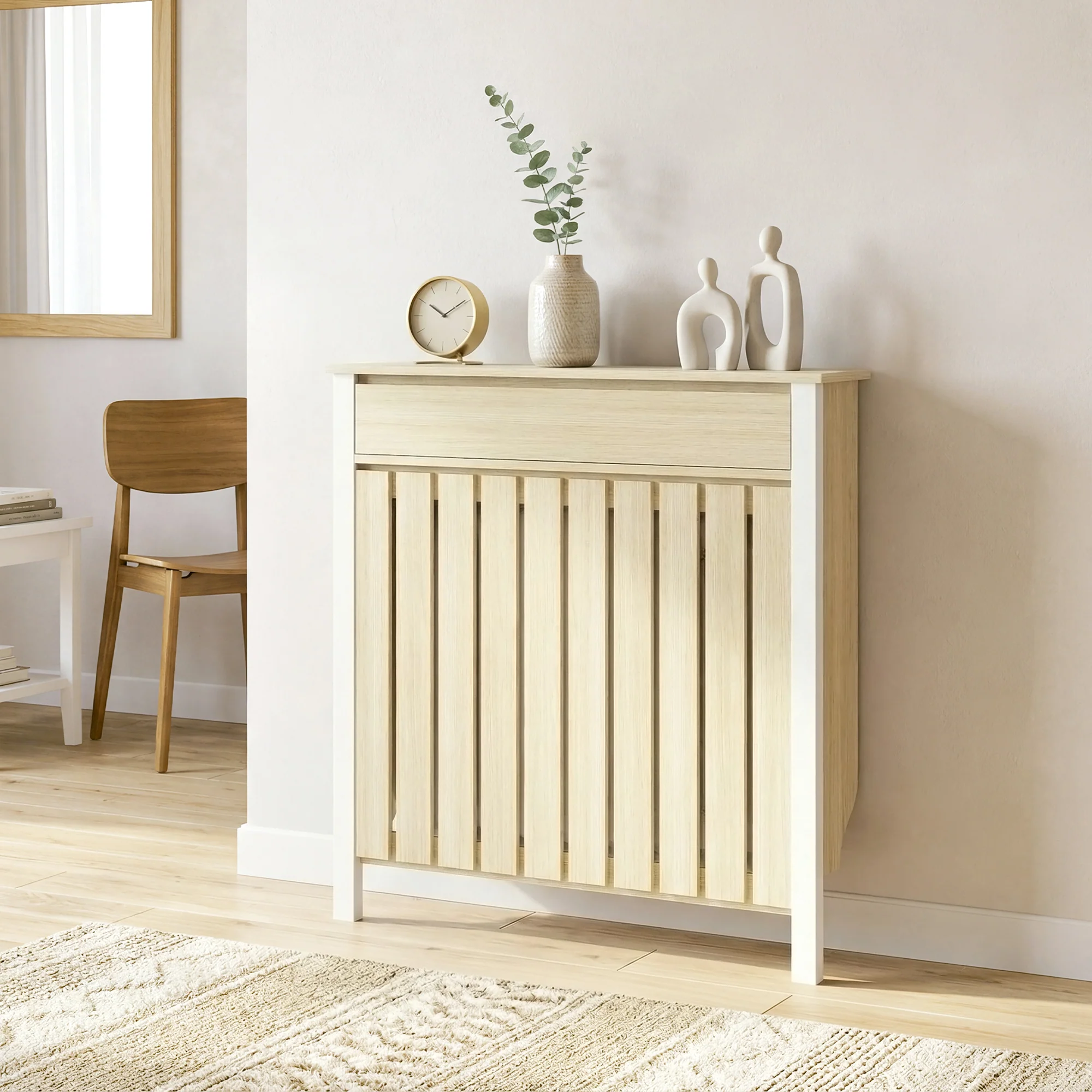 HOMCOM Radiator Cover with Drawer and Vertical Slats Oak - Image 9