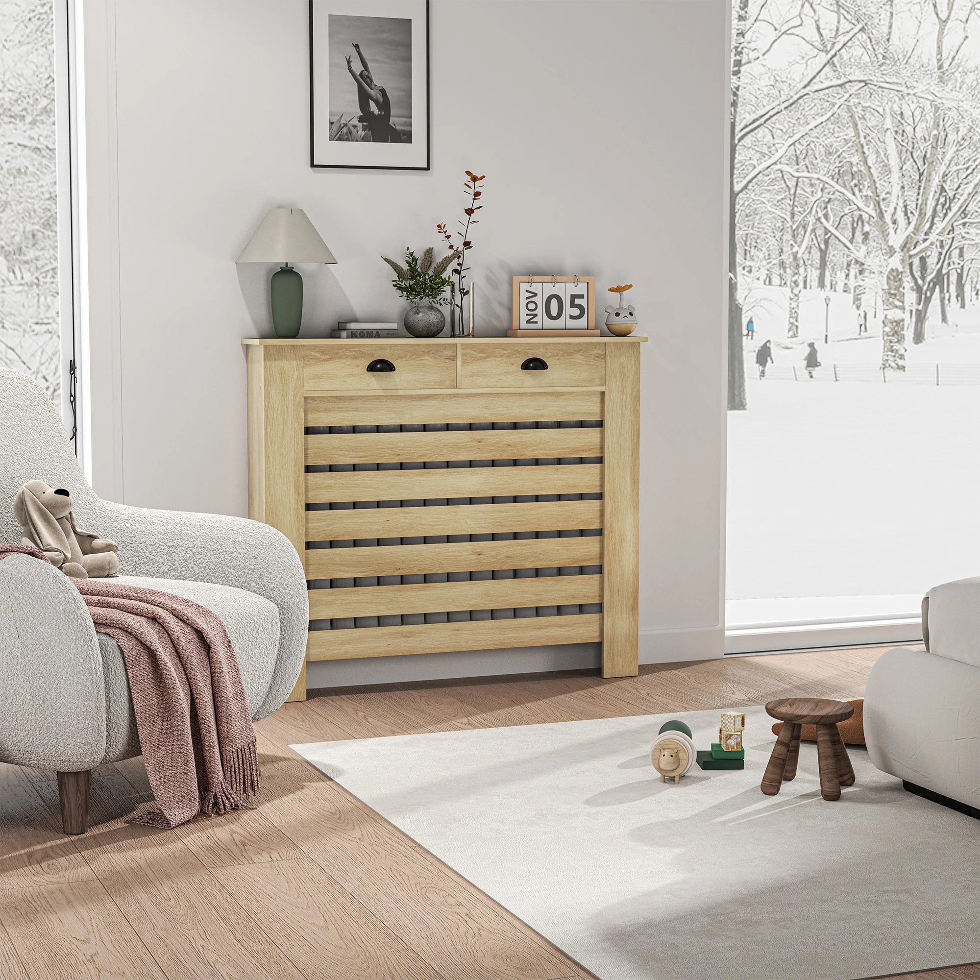 HOMCOM Radiator Cover With Drawer, Horizontal Slat, 111cm, Oak - Image 2