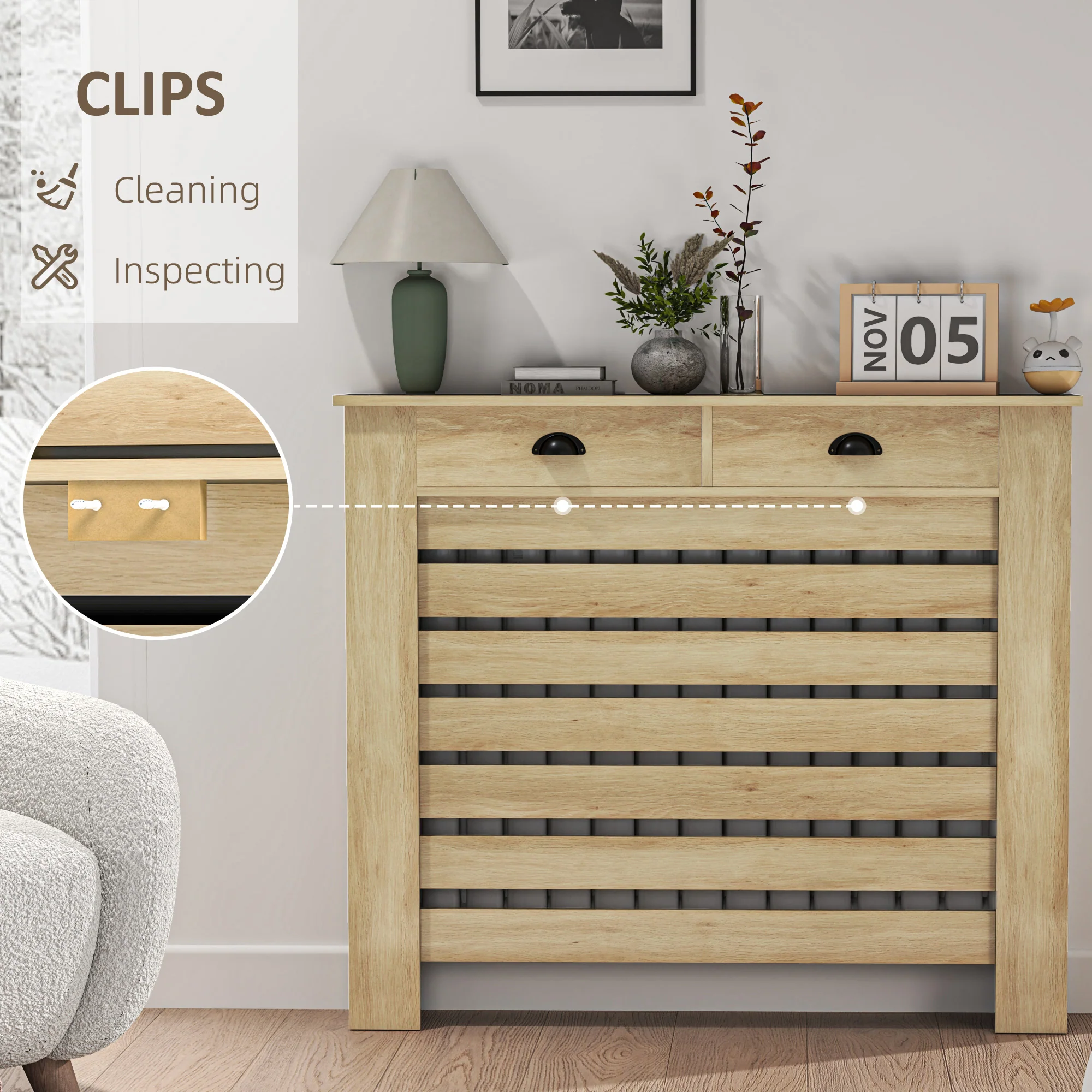 HOMCOM Radiator Cover With Drawer, Horizontal Slat, 111cm, Oak - Image 4