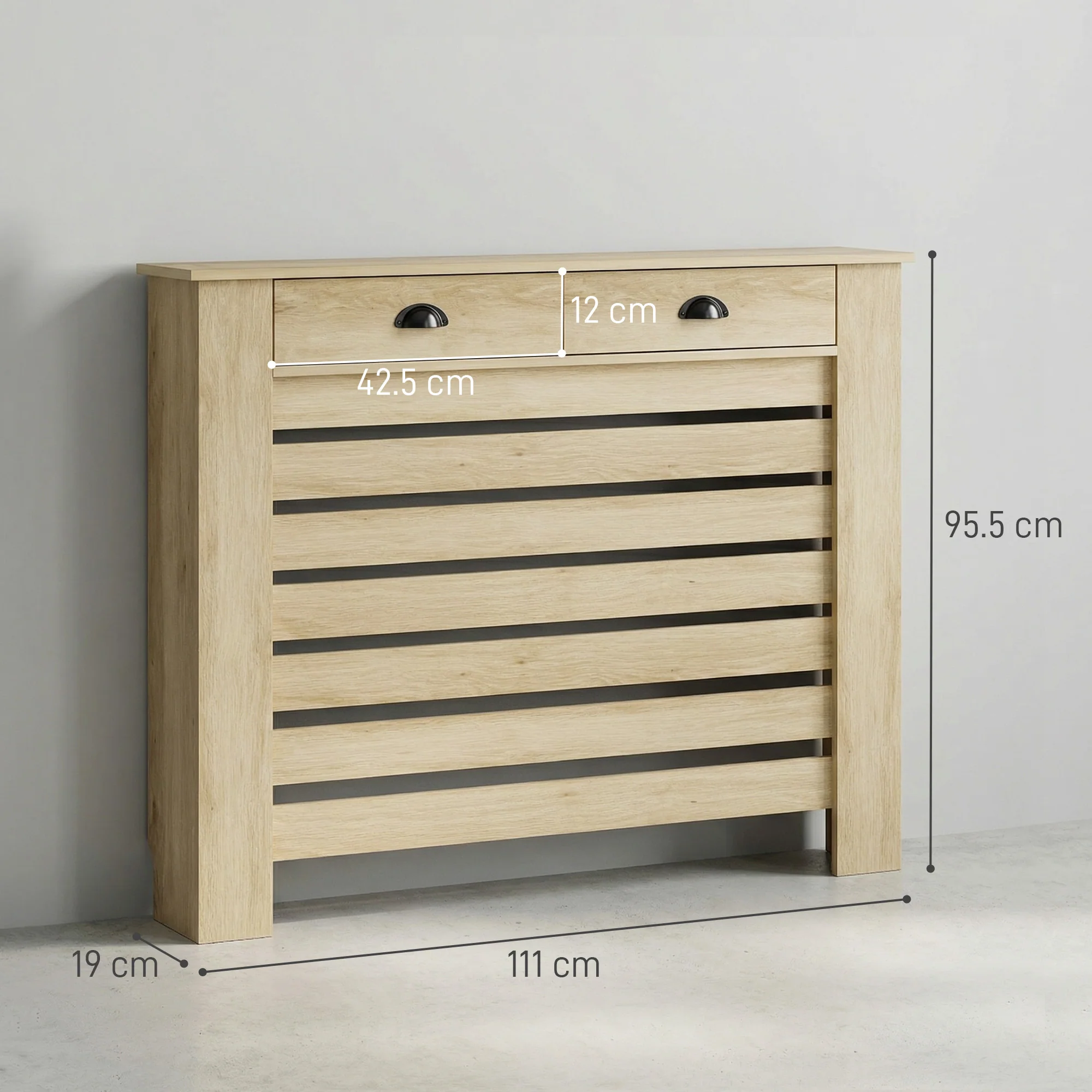 HOMCOM Radiator Cover With Drawer, Horizontal Slat, 111cm, Oak - Image 5