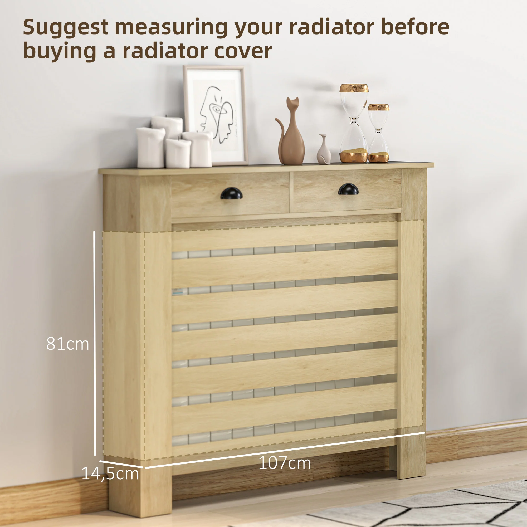 HOMCOM Radiator Cover With Drawer, Horizontal Slat, 111cm, Oak - Image 7