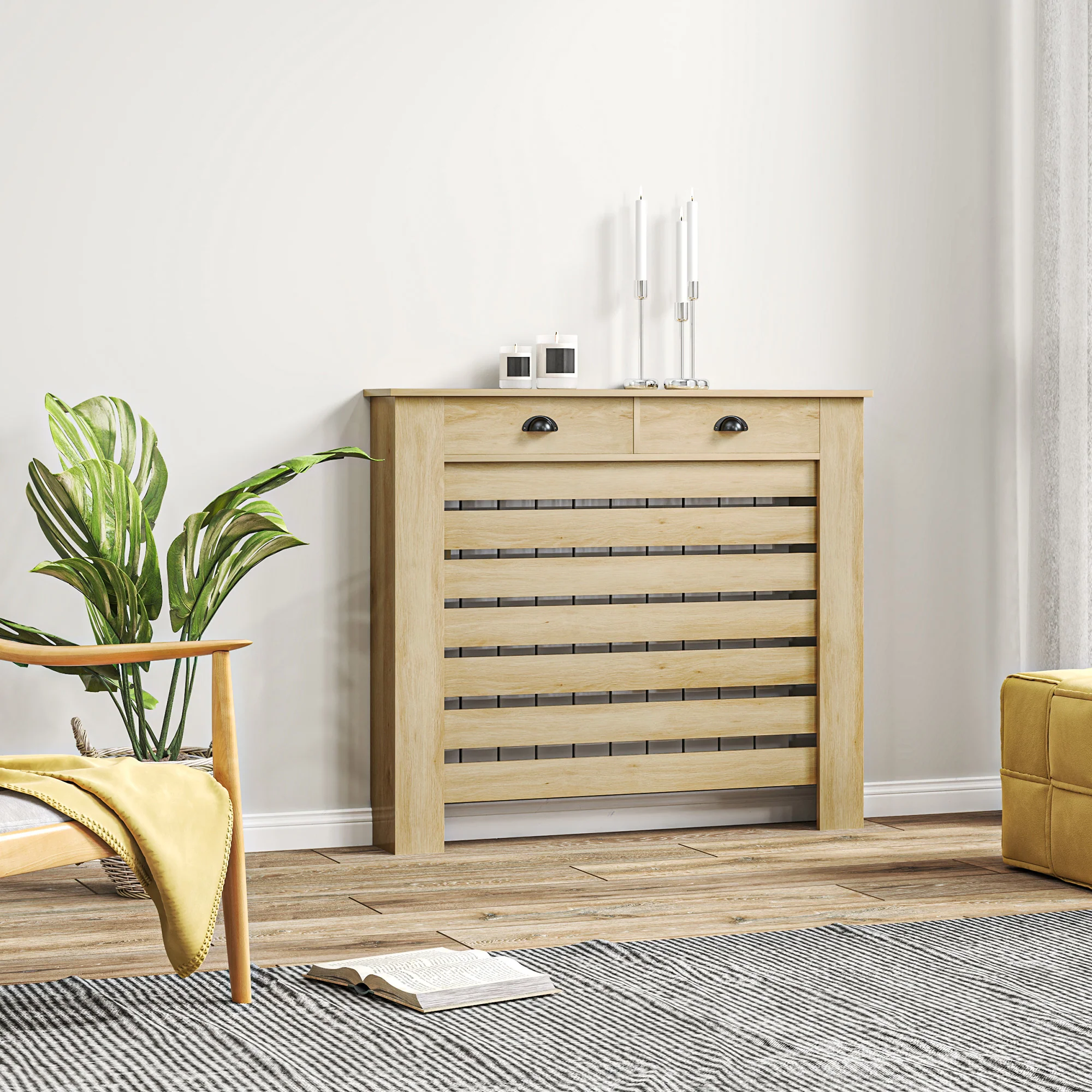 HOMCOM Radiator Cover With Drawer, Horizontal Slat, 111cm, Oak - Image 8