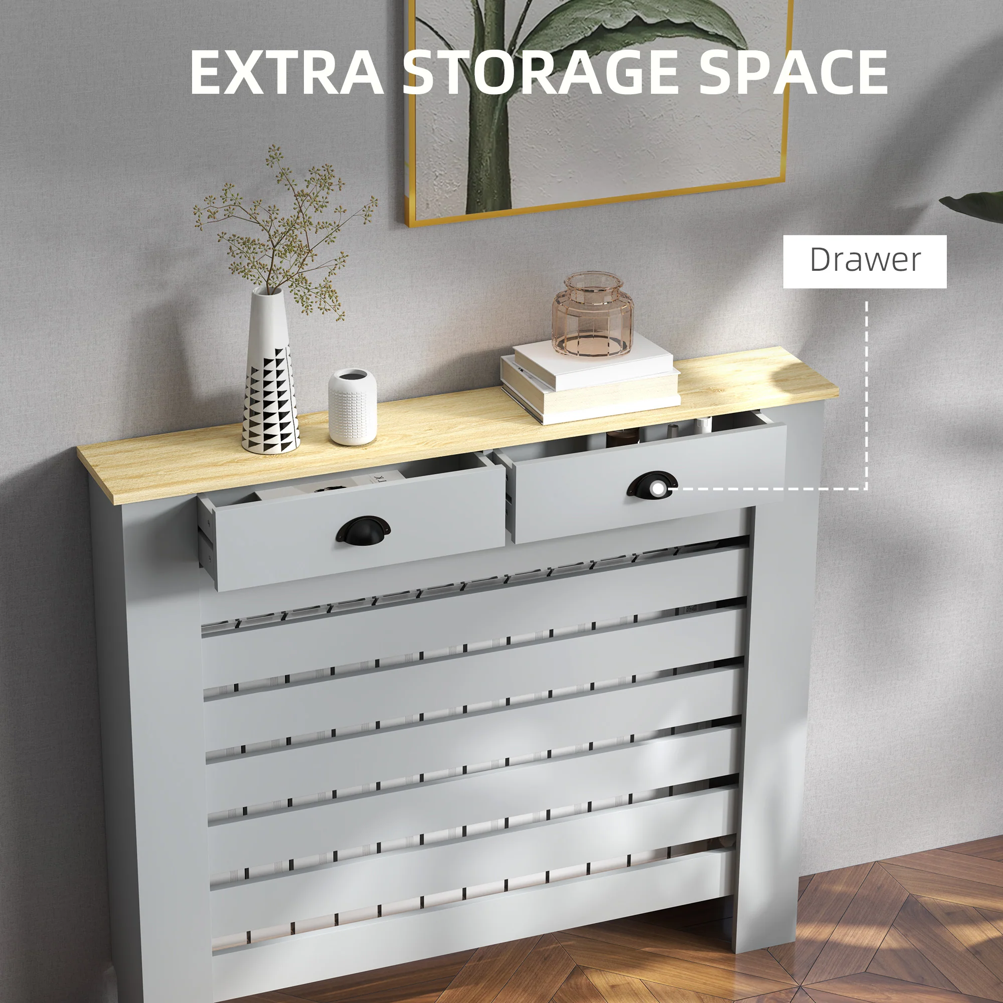 HOMCOM Radiator Cover With Drawer, Horizontal Slat - Image 15