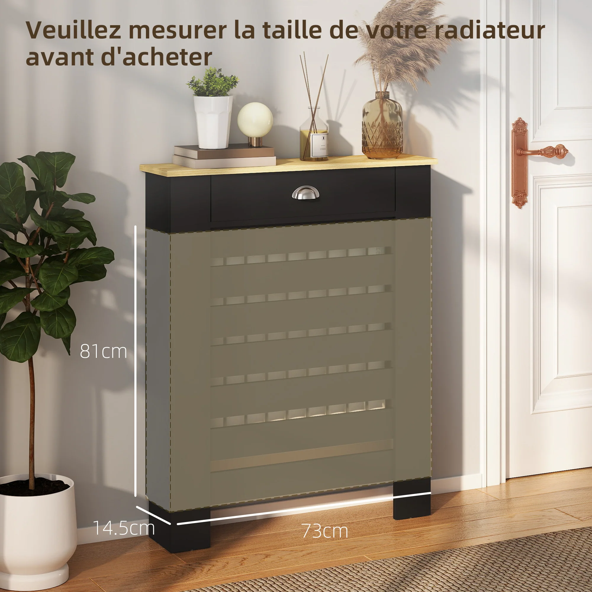 HOMCOM Radiator Cover With Drawer, Horizontal Slat Black - Image 8