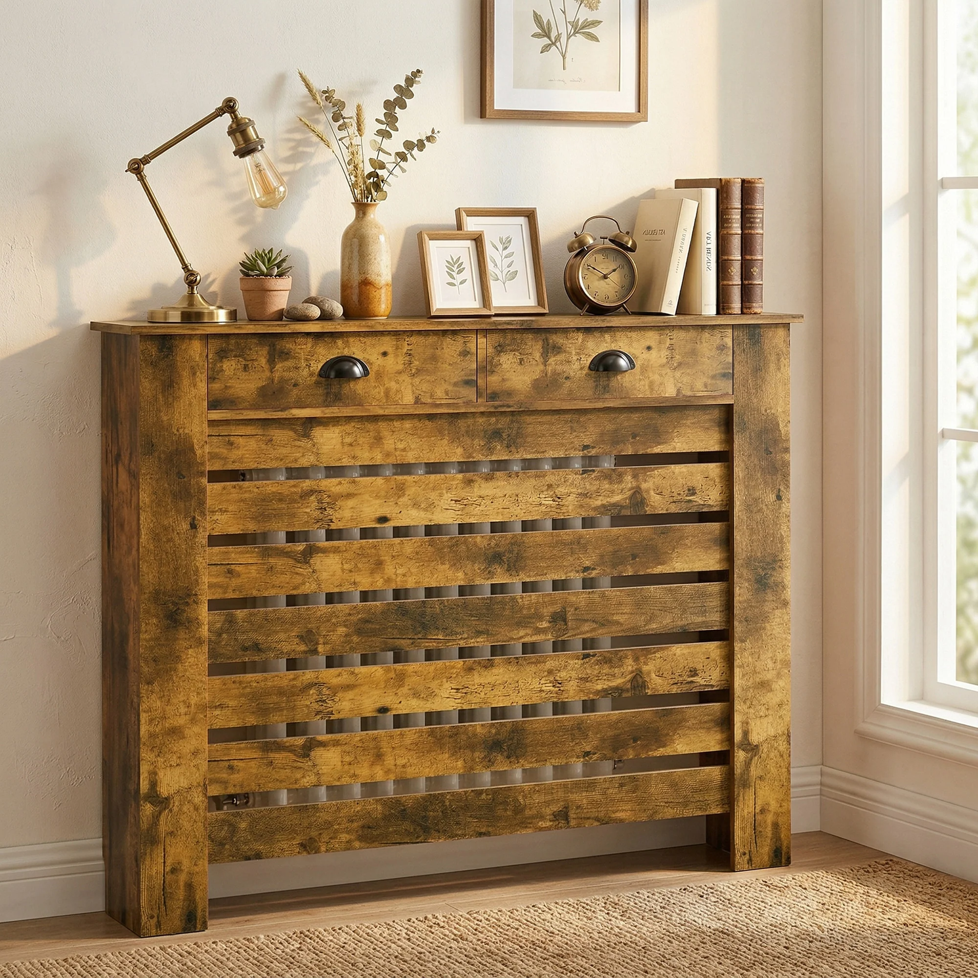 HOMCOM Radiator Cover With Drawer, Horizontal Slat, Rustic Brown - Image 11