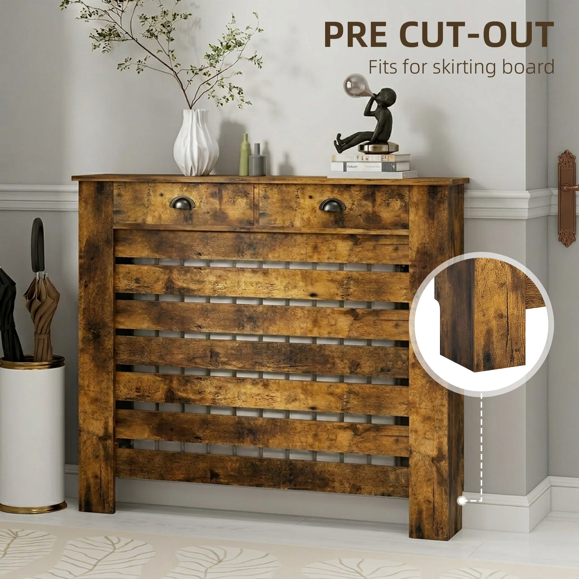 HOMCOM Radiator Cover With Drawer, Horizontal Slat, Rustic Brown - Image 12