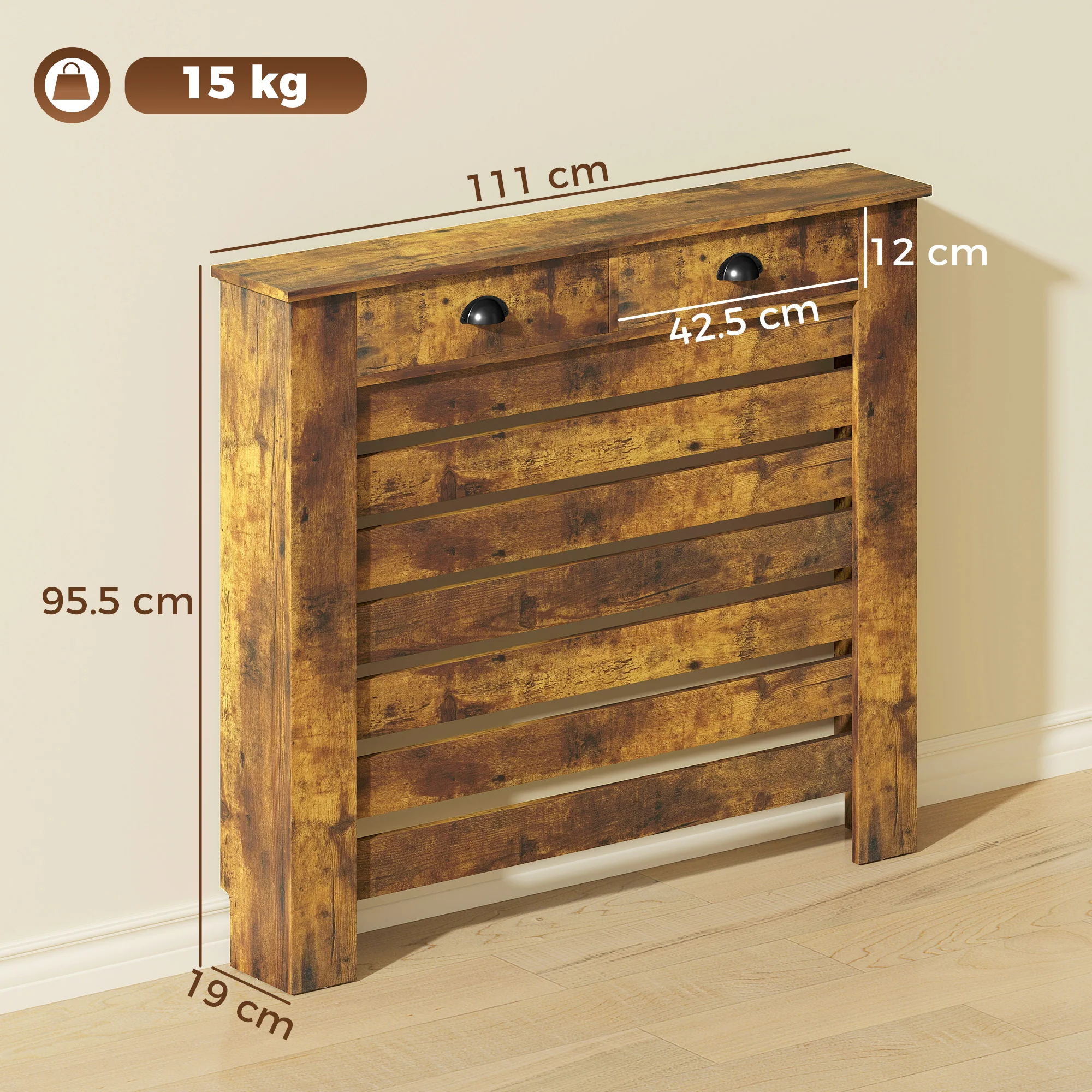 HOMCOM Radiator Cover With Drawer, Horizontal Slat, Rustic Brown - Image 14