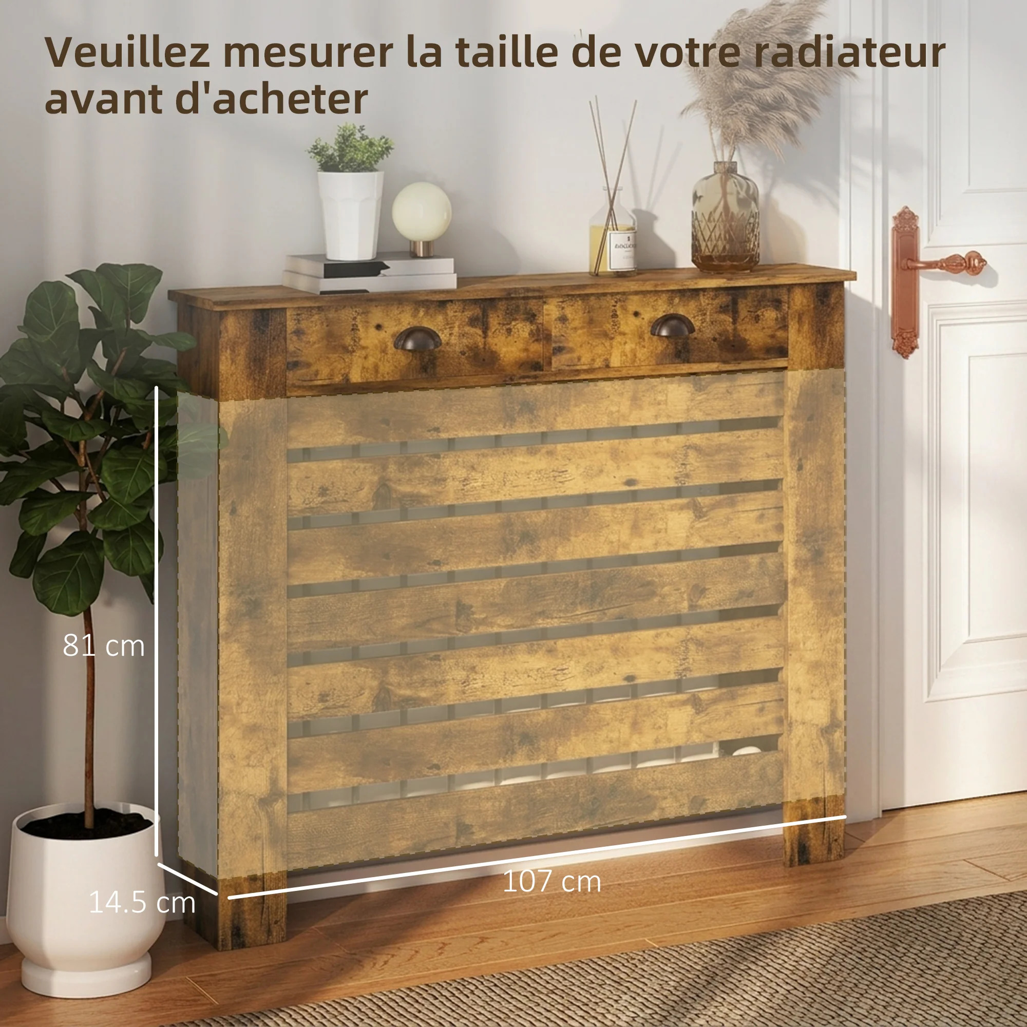 HOMCOM Radiator Cover With Drawer, Horizontal Slat, Rustic Brown - Image 17