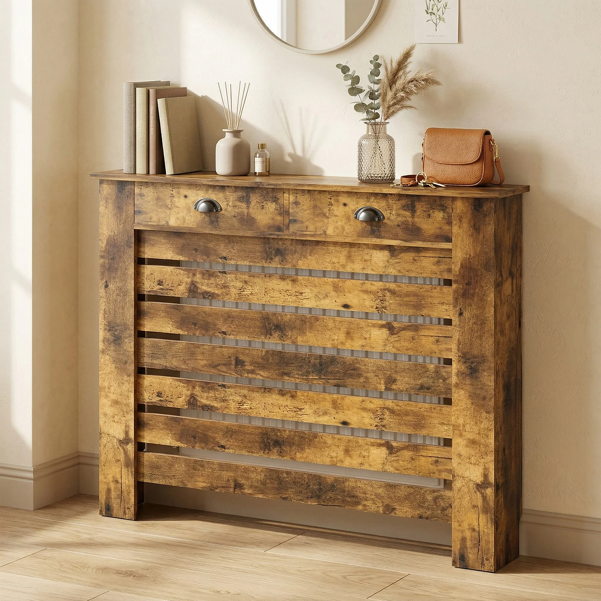 HOMCOM Radiator Cover With Drawer, Horizontal Slat, Rustic Brown - Image 18