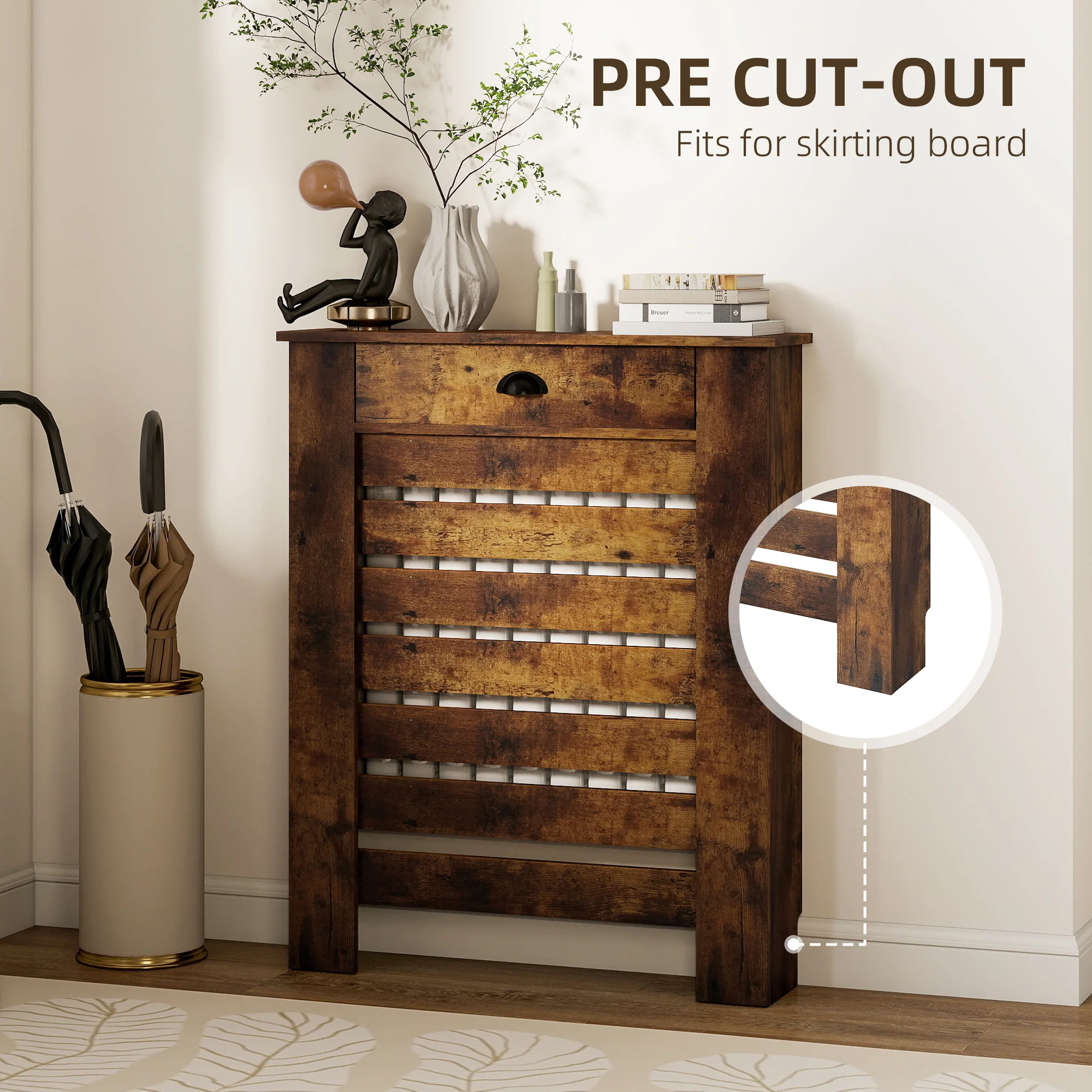 HOMCOM Radiator Cover With Drawer, Horizontal Slat, Rustic Brown - Image 3