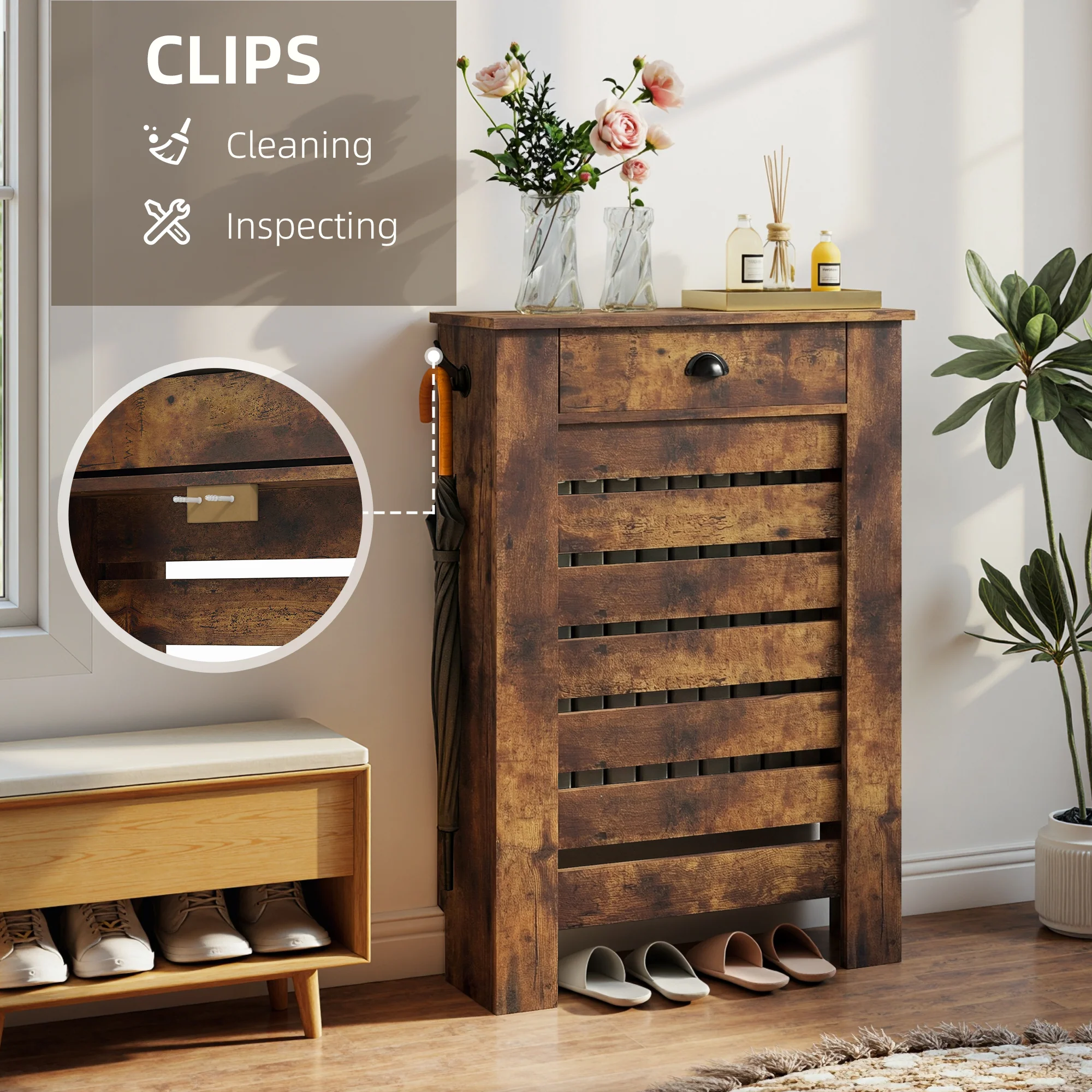 HOMCOM Radiator Cover With Drawer, Horizontal Slat, Rustic Brown - Image 6