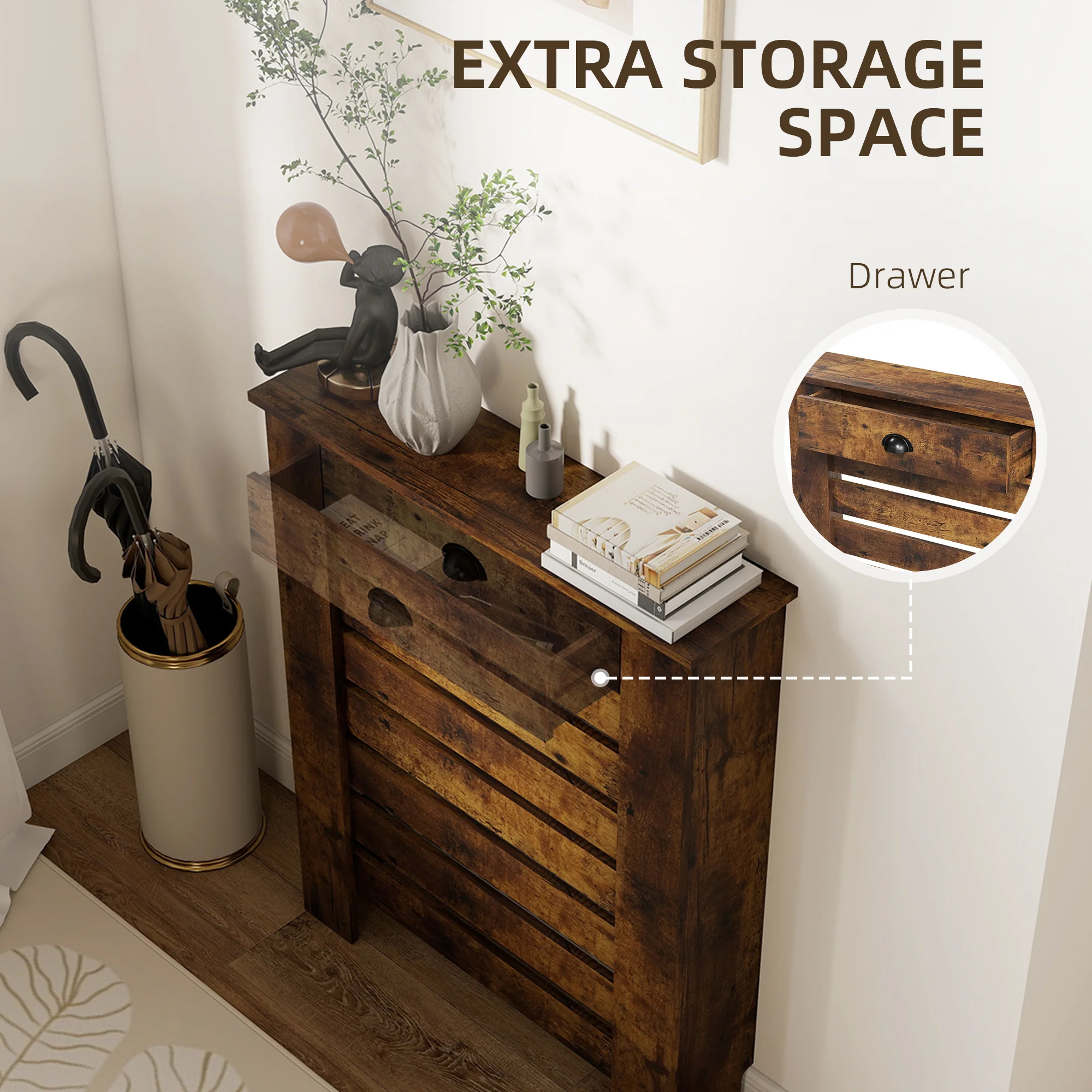 HOMCOM Radiator Cover With Drawer, Horizontal Slat, Rustic Brown - Image 7