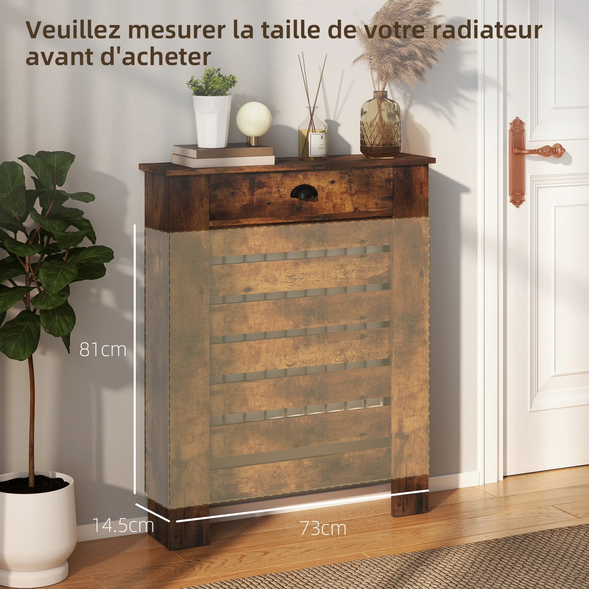 HOMCOM Radiator Cover With Drawer, Horizontal Slat, Rustic Brown - Image 8