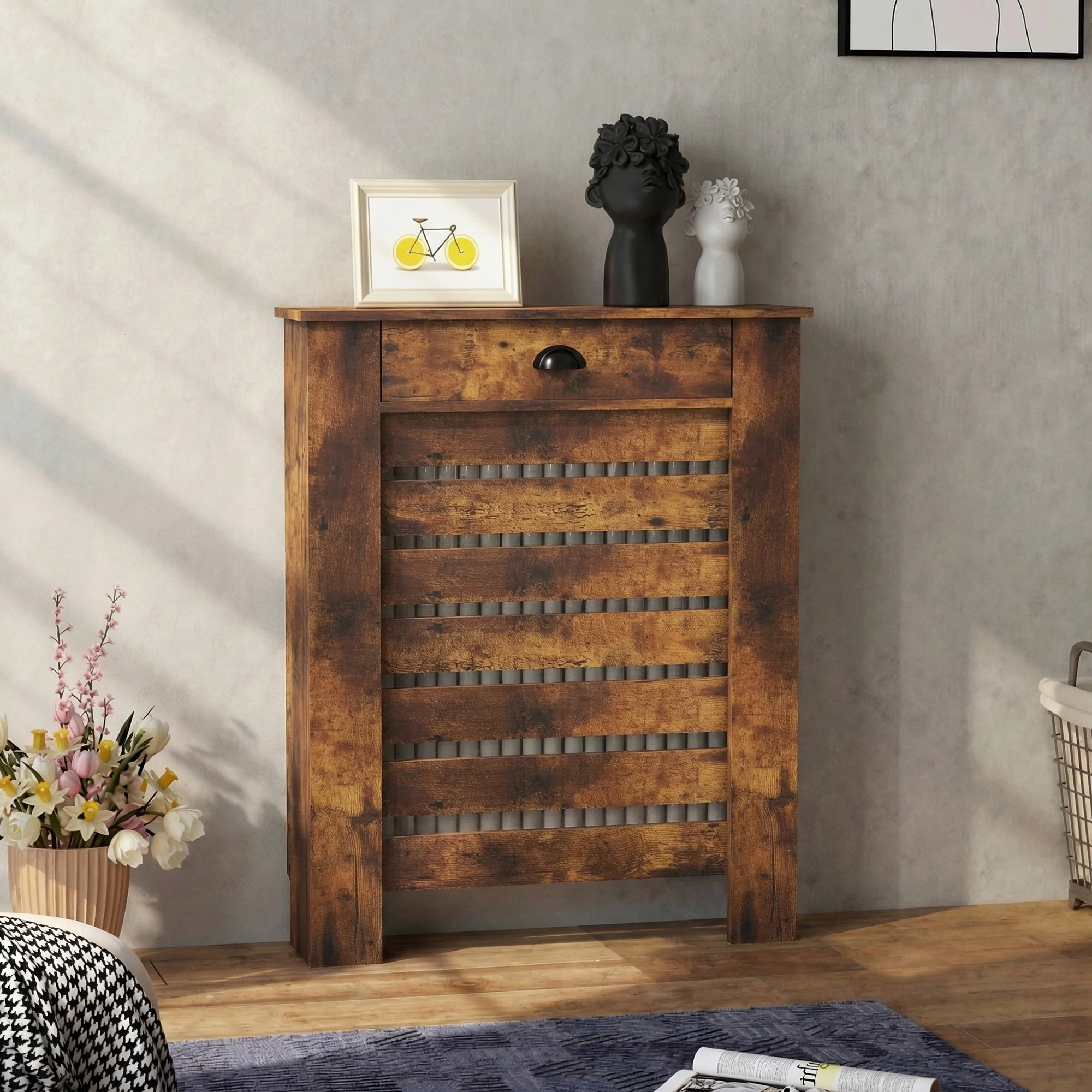 HOMCOM Radiator Cover With Drawer, Horizontal Slat, Rustic Brown - Image 9