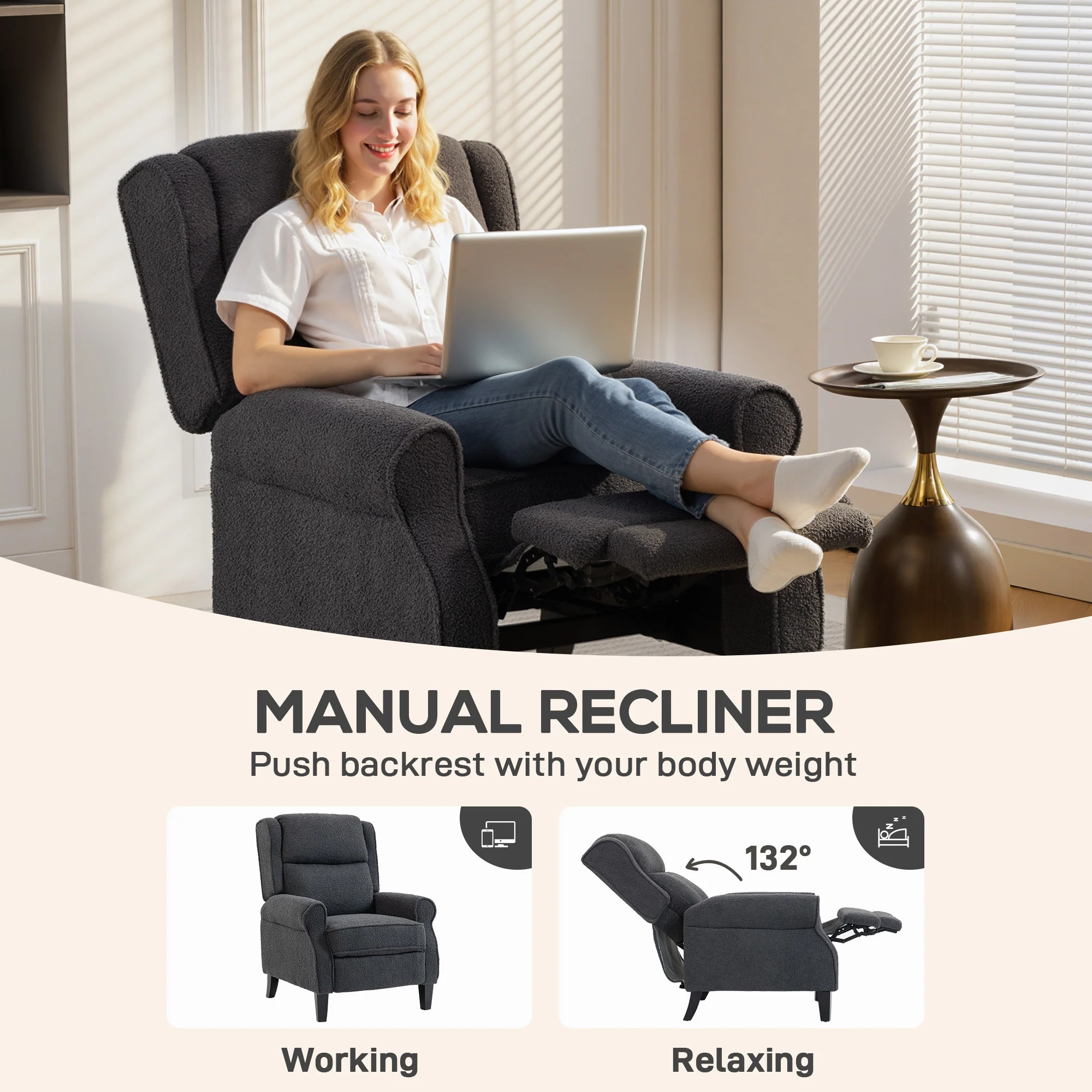 HOMCOM Recliner Armchair, Fabric Recliner Chair, Charcoal Grey - Image 3