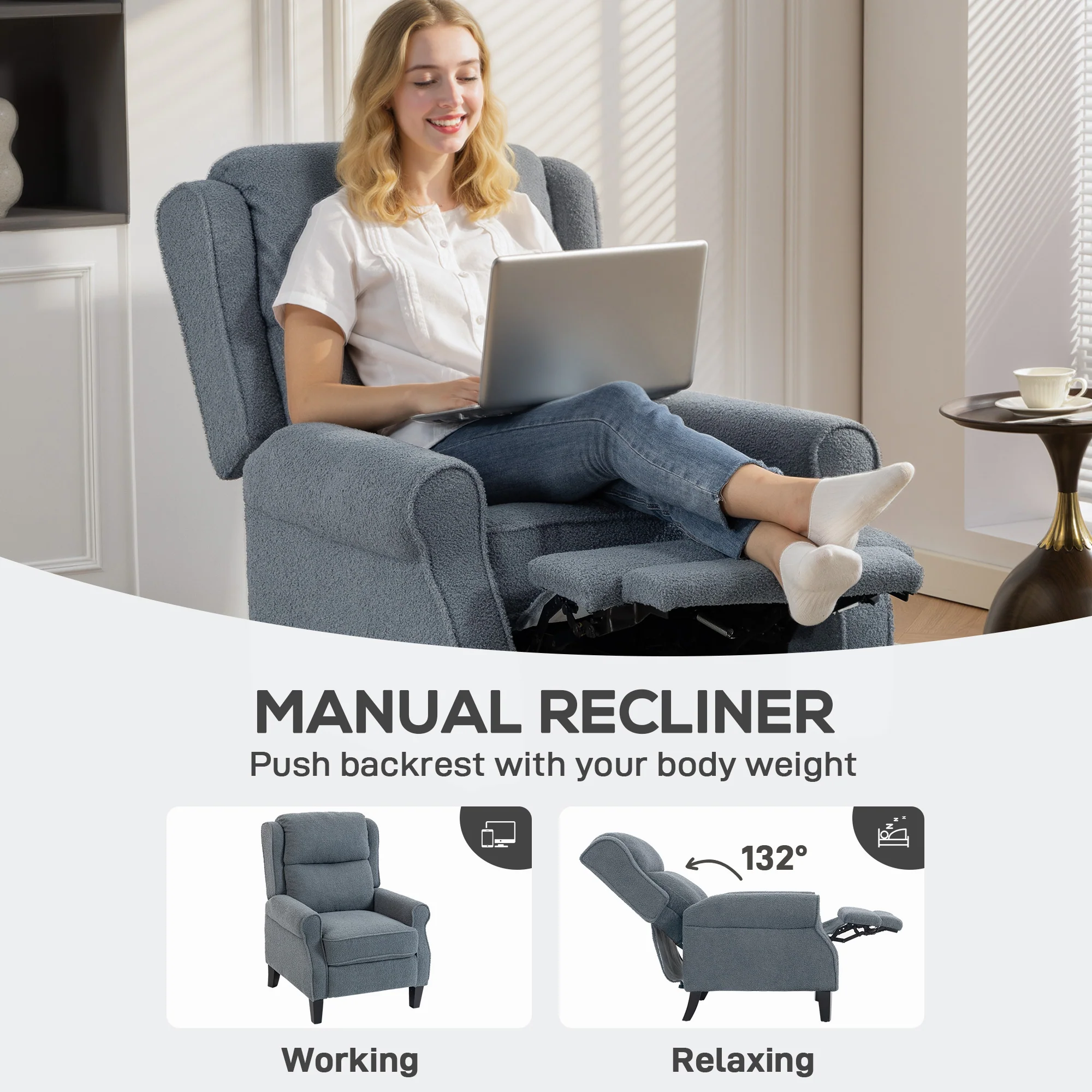 HOMCOM Recliner Armchair, Fabric Recliner Chair, Grey - Image 3