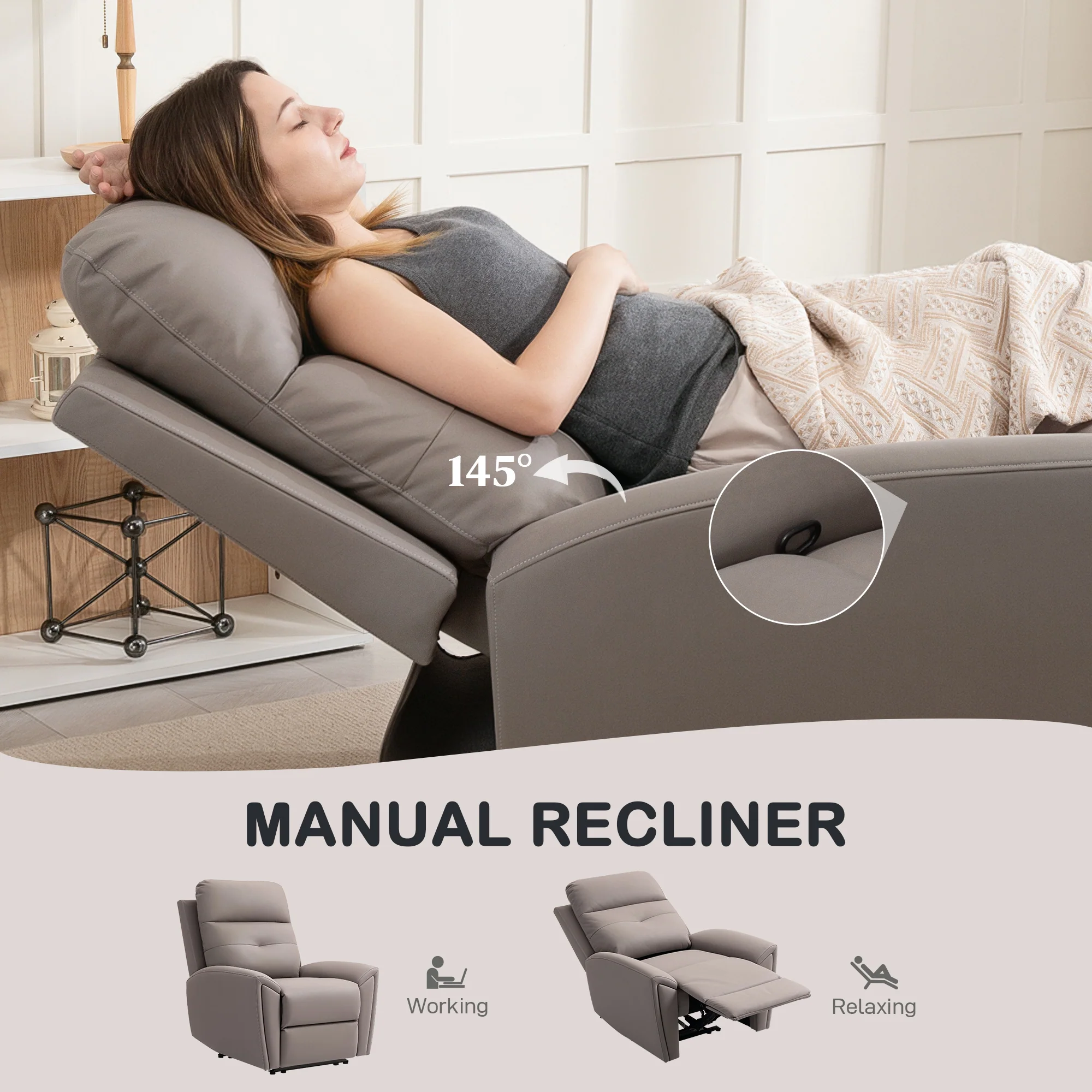HOMCOM Recliner Armchair, Manual Reclining Chair for Living Room, Grey - Image 3