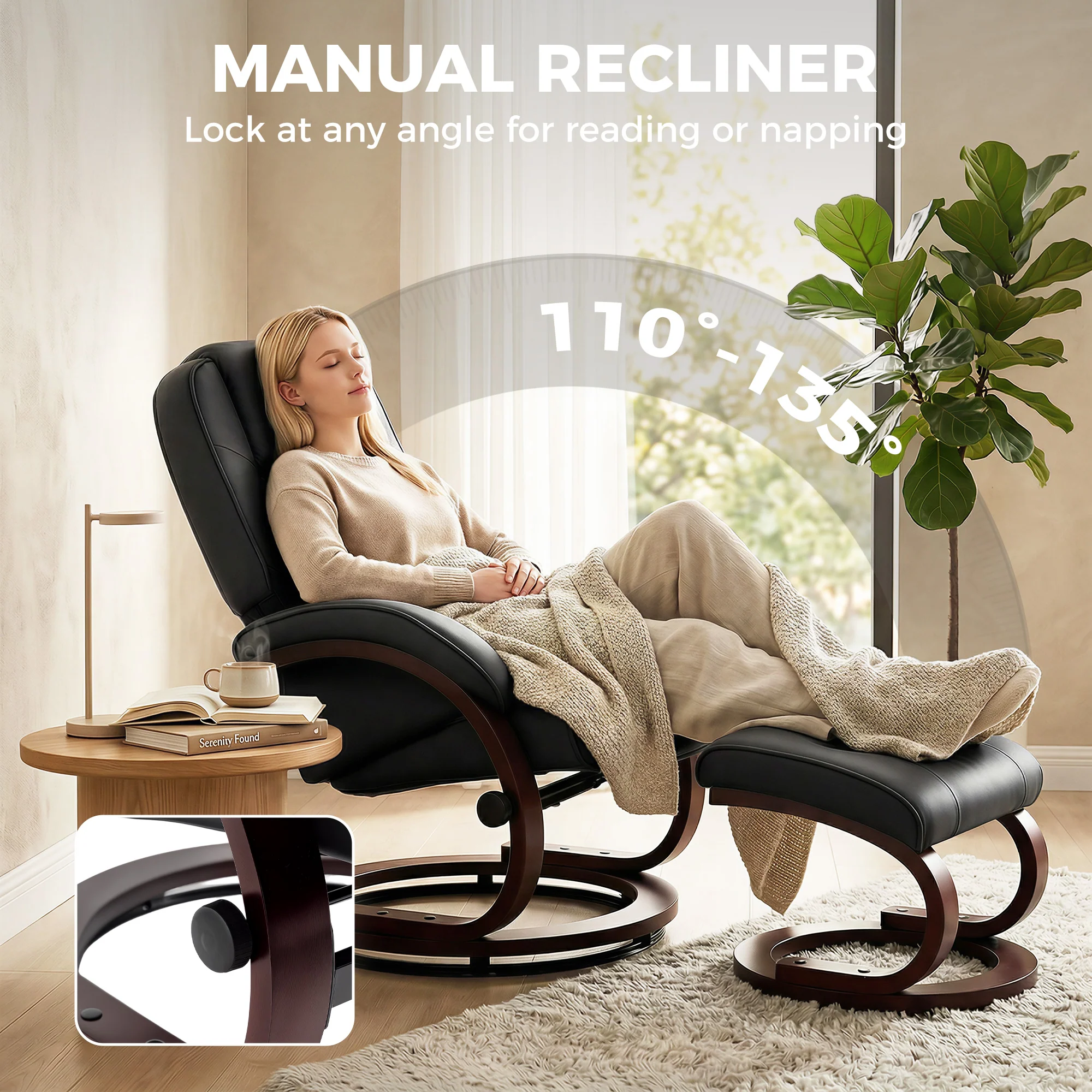 HOMCOM Recliner Chair With Footstool, Swivel Recliner Armchair, Black - Image 3