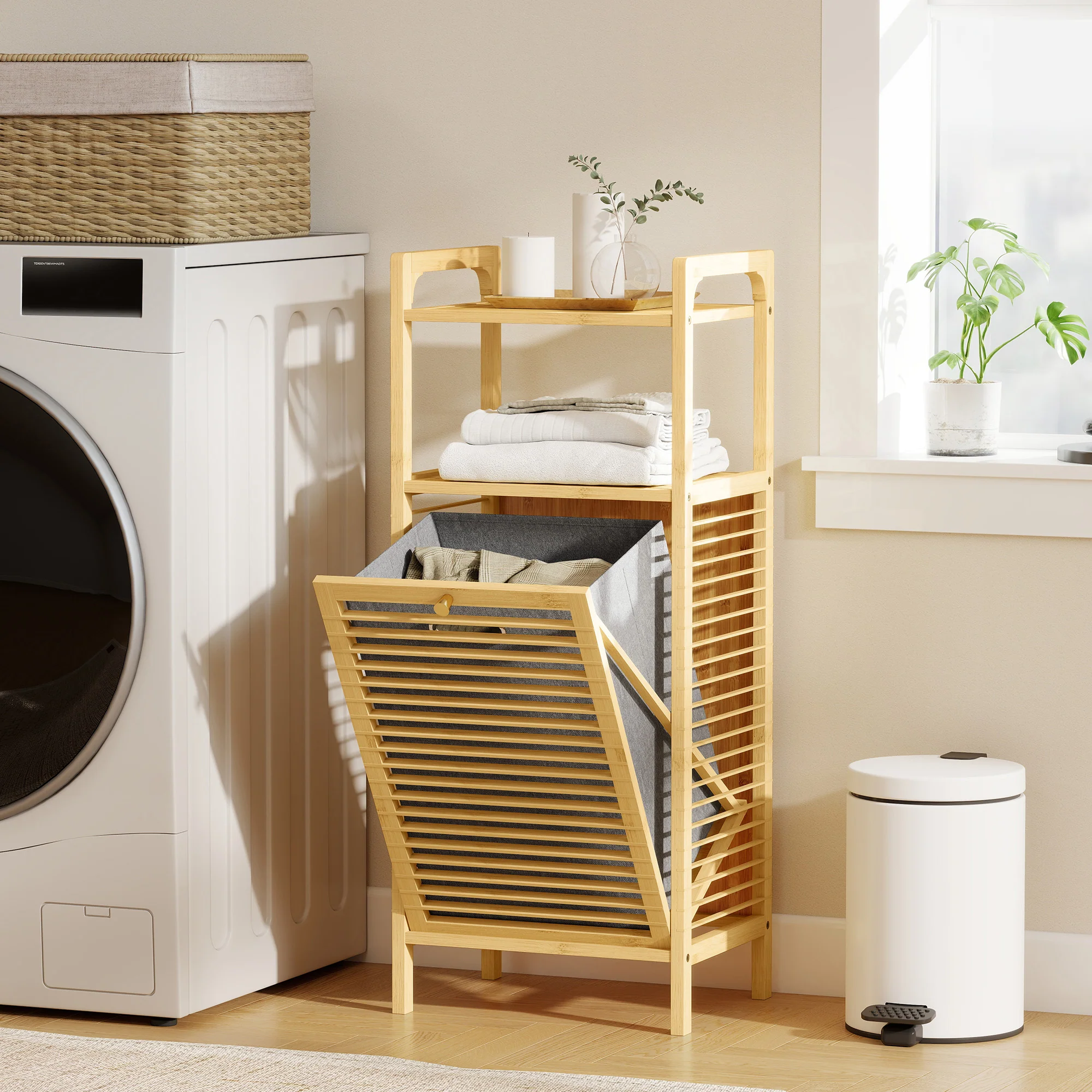 HOMCOM Removable 37L Laundry Hamper With Bamboo Bathroom Storage Cabinet - Image 2