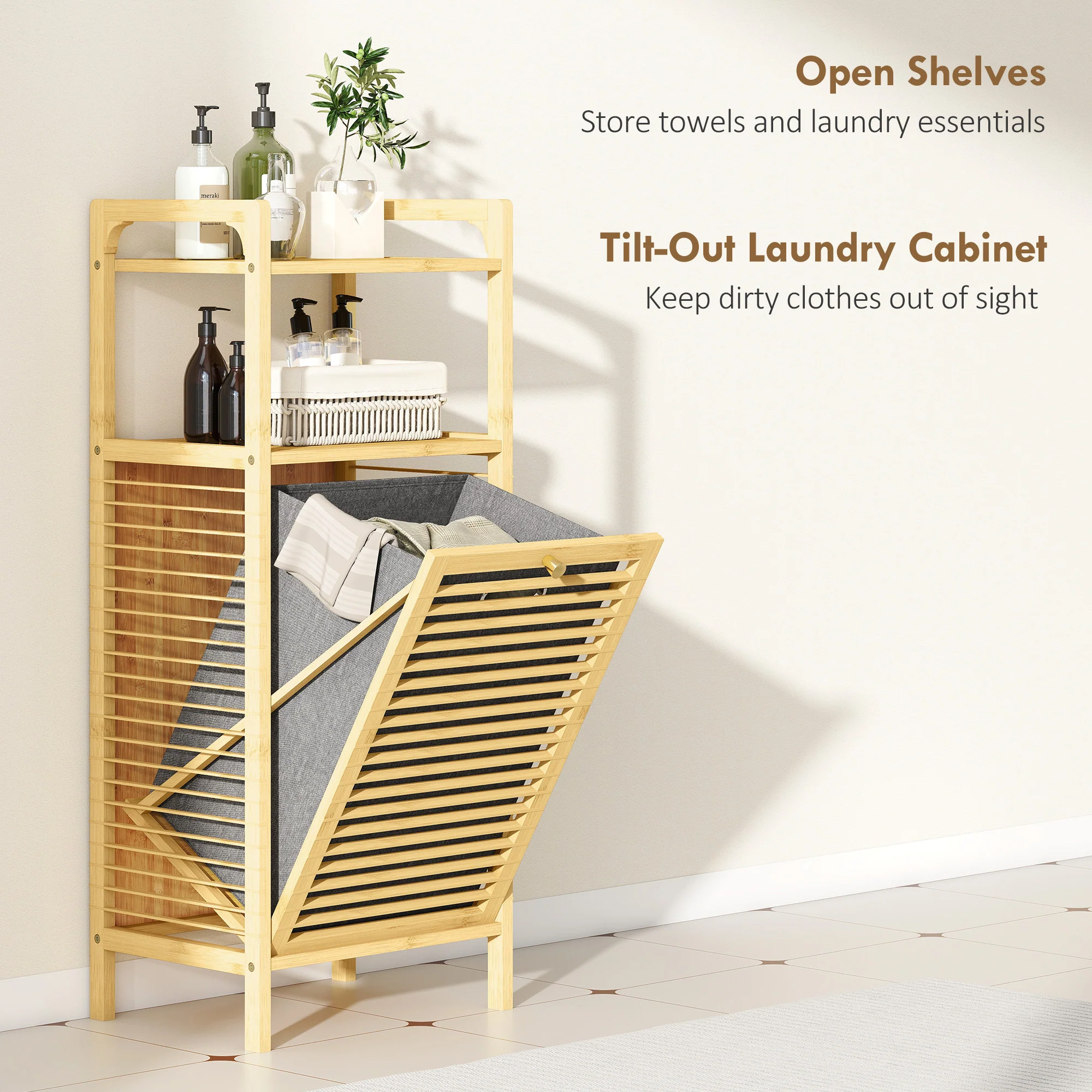 HOMCOM Removable 37L Laundry Hamper With Bamboo Bathroom Storage Cabinet - Image 3