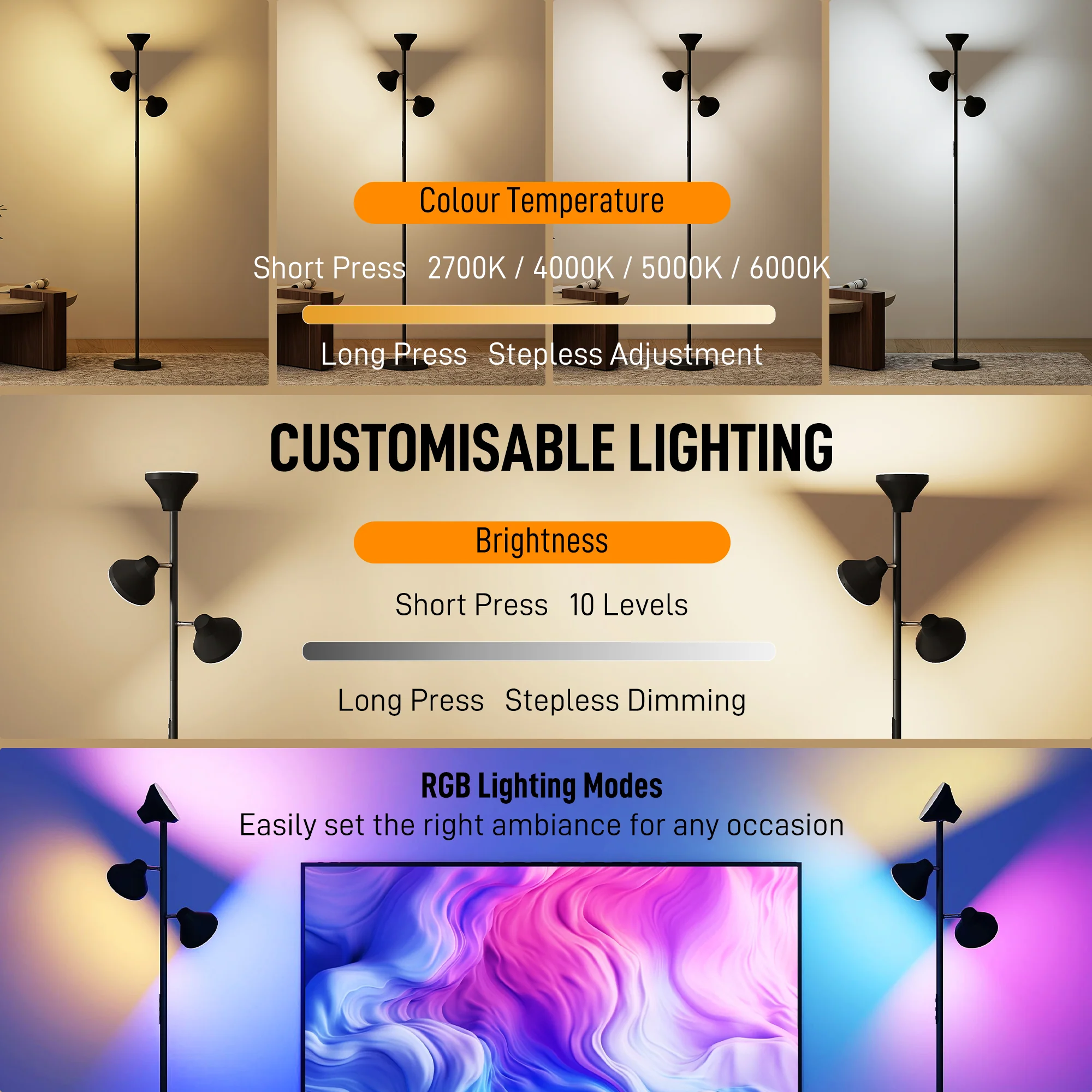 HOMCOM RGB Floor Lamp With 3 Rotatable Head, Modern Standing Lamp, Black - Image 3