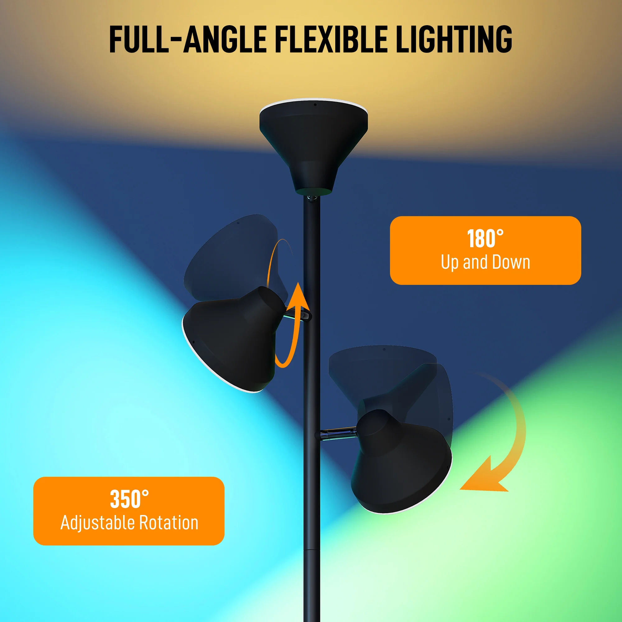 HOMCOM RGB Floor Lamp With 3 Rotatable Head, Modern Standing Lamp, Black - Image 4