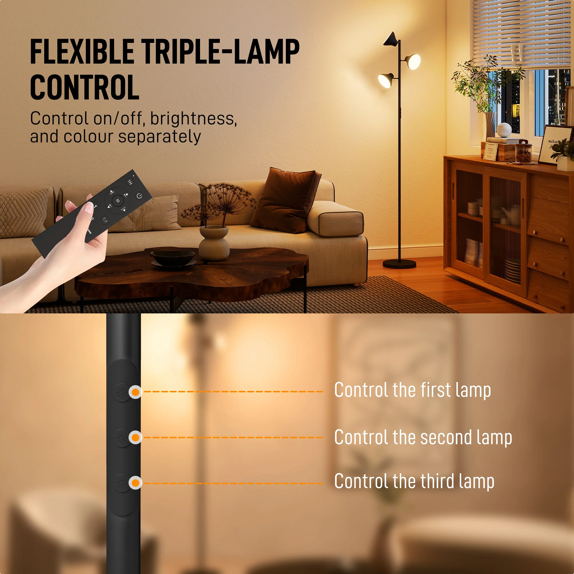 HOMCOM RGB Floor Lamp With 3 Rotatable Head, Modern Standing Lamp, Black - Image 6