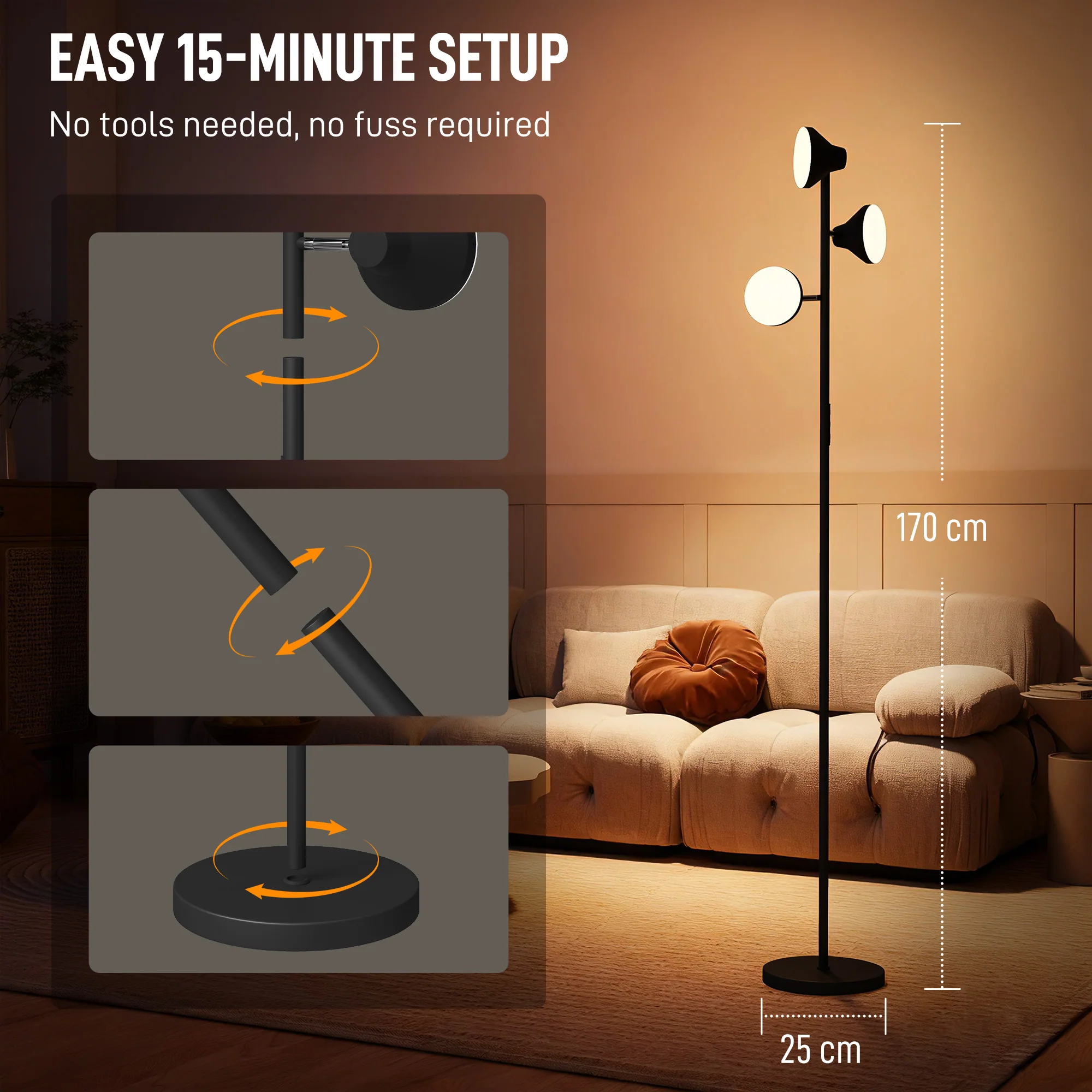 HOMCOM RGB Floor Lamp With 3 Rotatable Head, Modern Standing Lamp, Black - Image 8