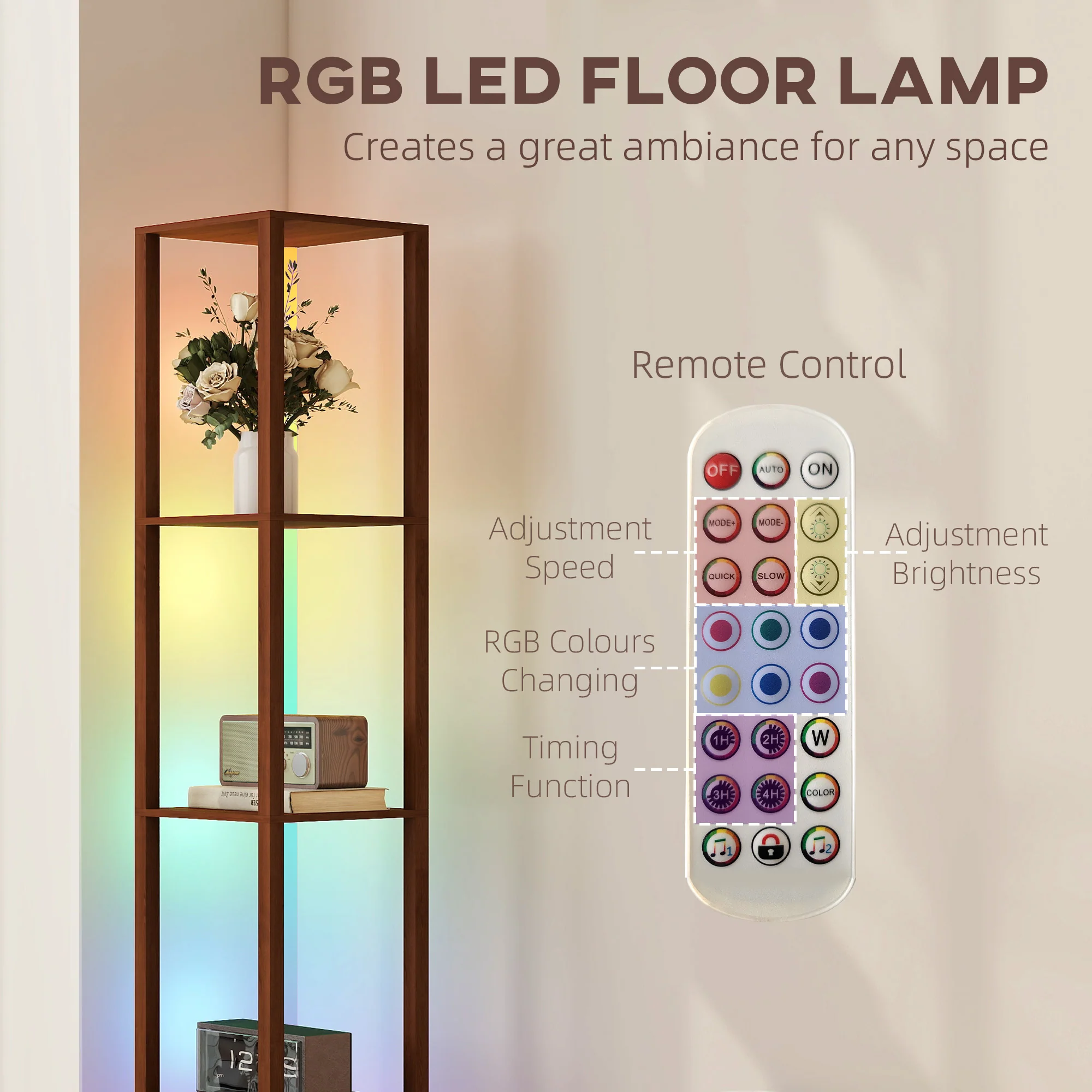 HOMCOM RGB LED Floor Lamp With Shelves And Remote Control For Bedroom - Image 21