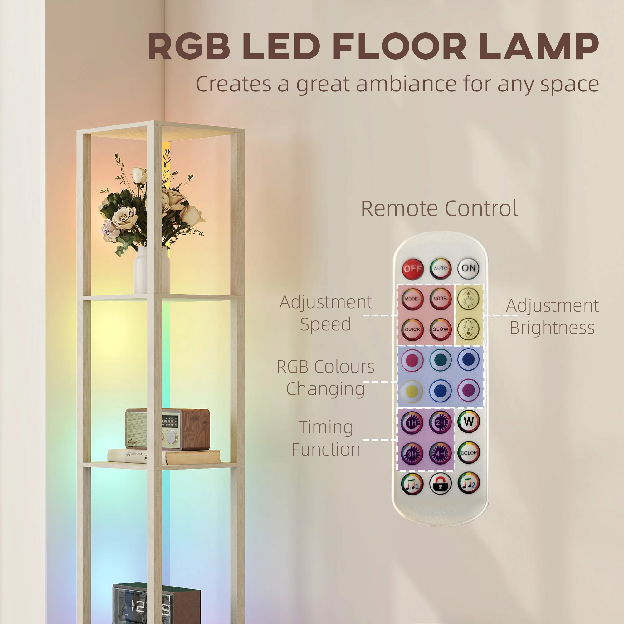 HOMCOM RGB LED Floor Lamp With Shelves And Remote Control For Bedroom - Image 3