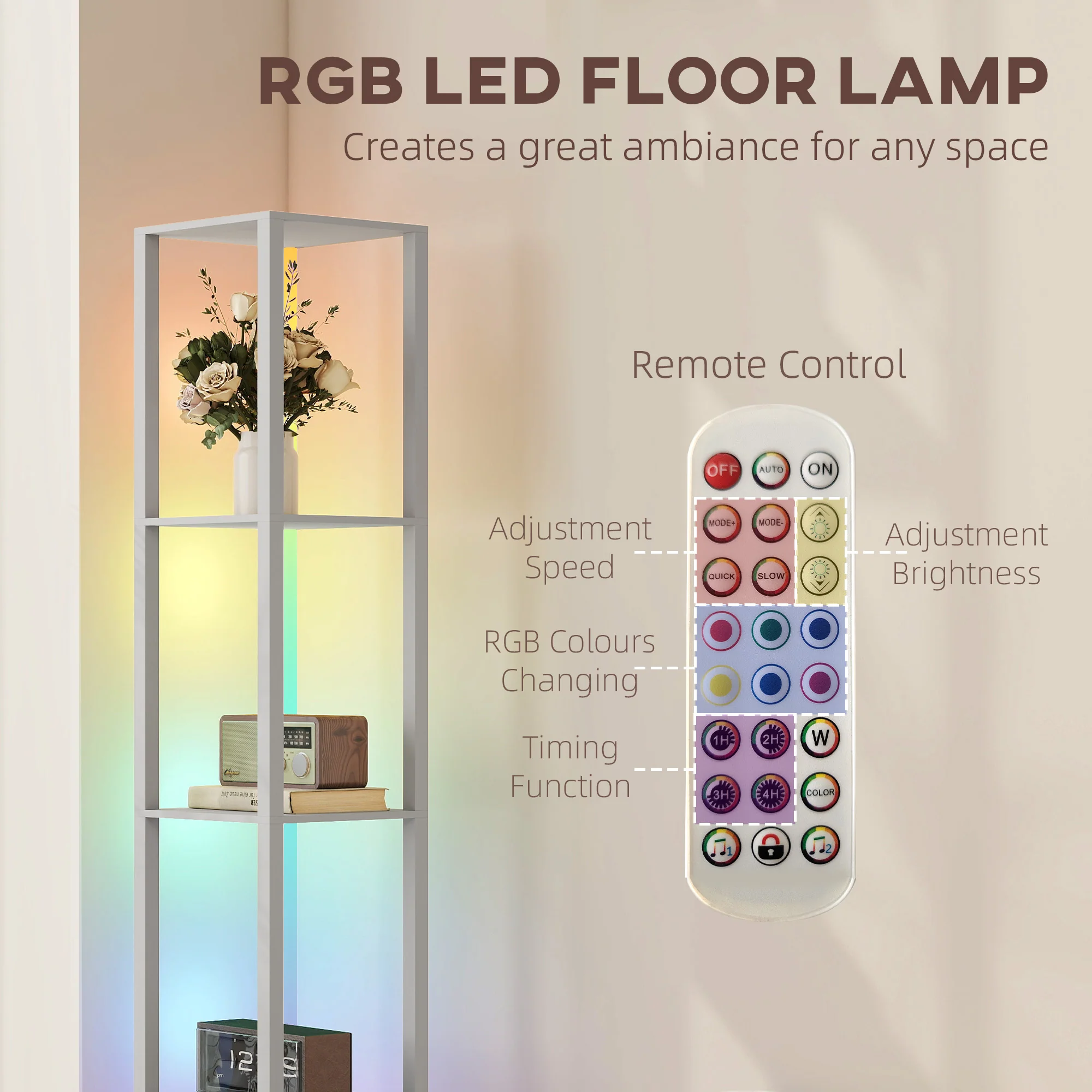 HOMCOM RGB LED Floor Lamp With Shelves And Remote Control For Bedroom - Image 30