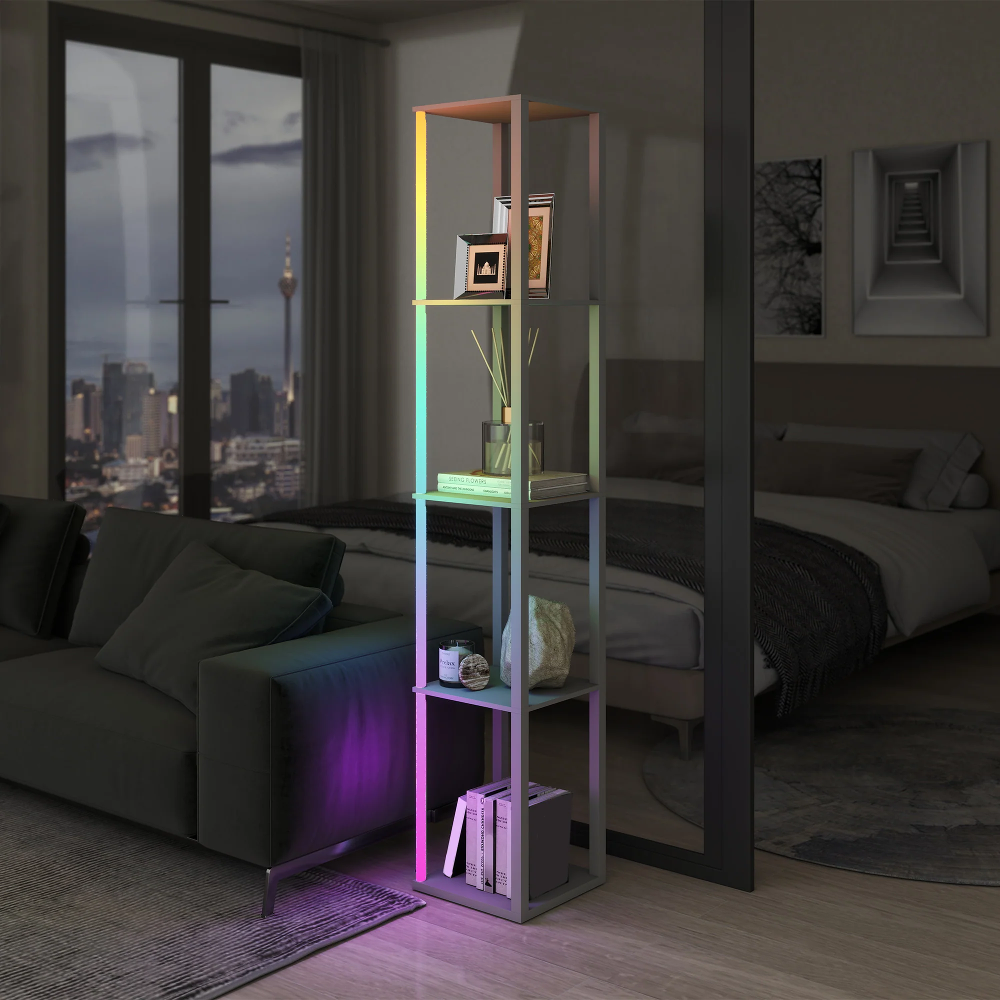 HOMCOM RGB LED Floor Lamp With Shelves And Remote Control For Bedroom - Image 36