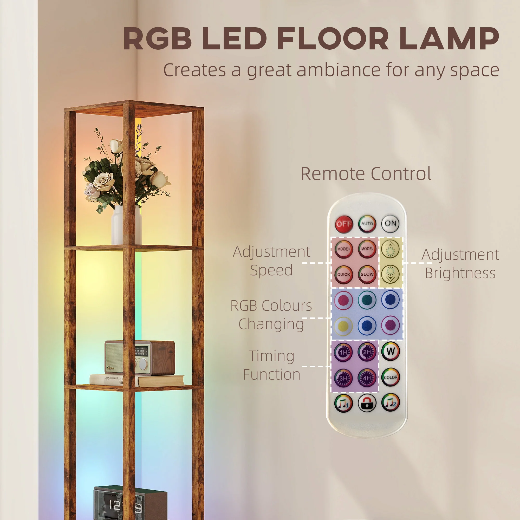 HOMCOM RGB LED Floor Lamp With Shelves And Remote Control For Bedroom - Image 39